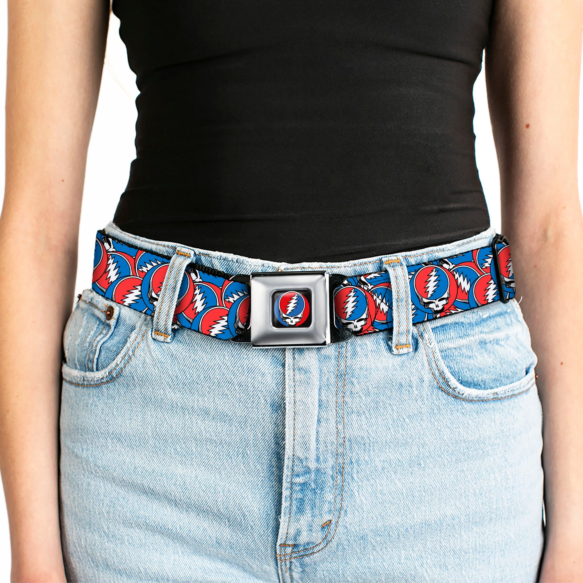 Grateful Dead Steal Your Face Logo Full Color Black/Red/White/Blue Seatbelt Belt - Grateful Dead Steal Your Face Logo Stacked Red/White/Blue Webbing Seatbelt Belts Grateful Dead