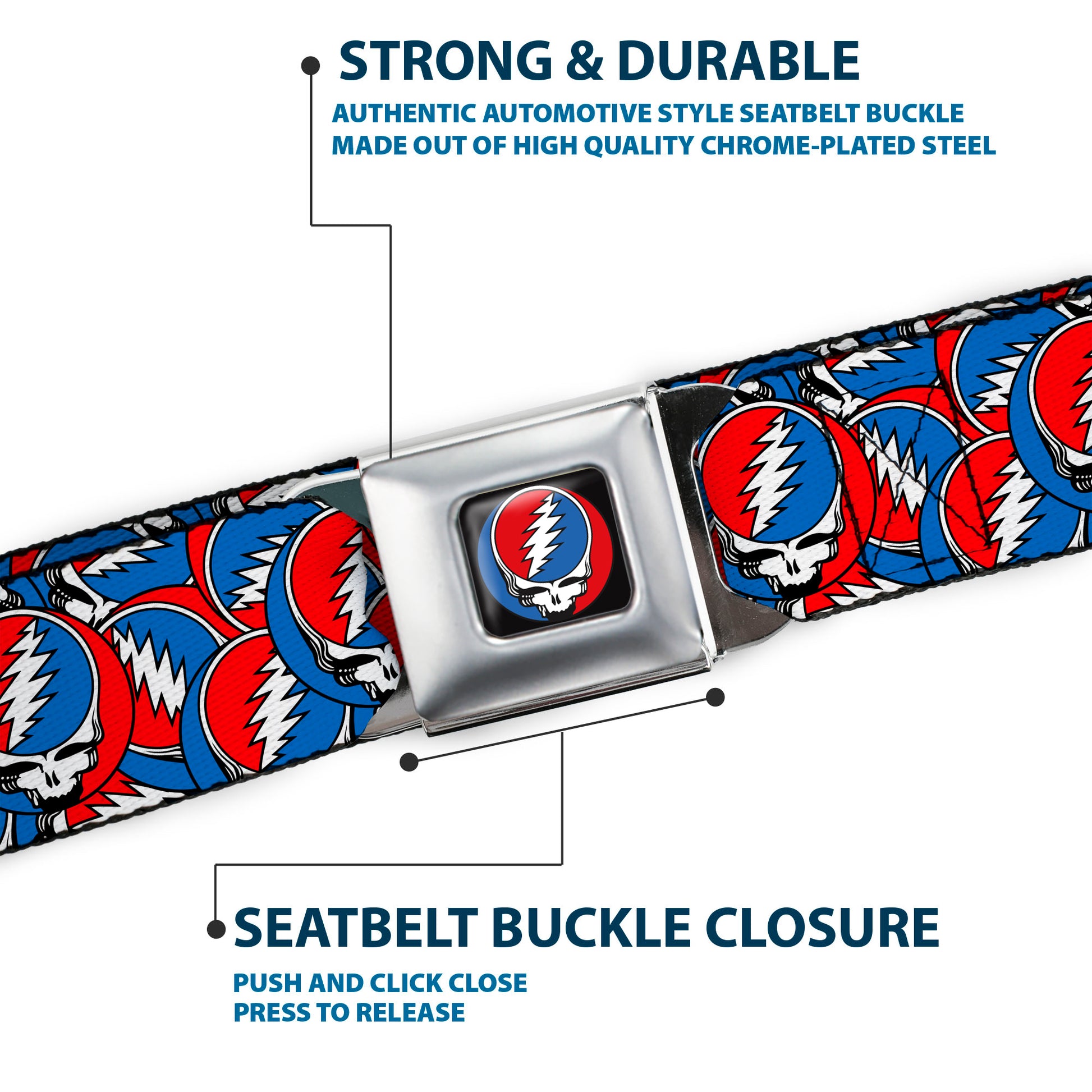 Grateful Dead Steal Your Face Logo Full Color Black/Red/White/Blue Seatbelt Belt - Grateful Dead Steal Your Face Logo Stacked Red/White/Blue Webbing Seatbelt Belts Grateful Dead
