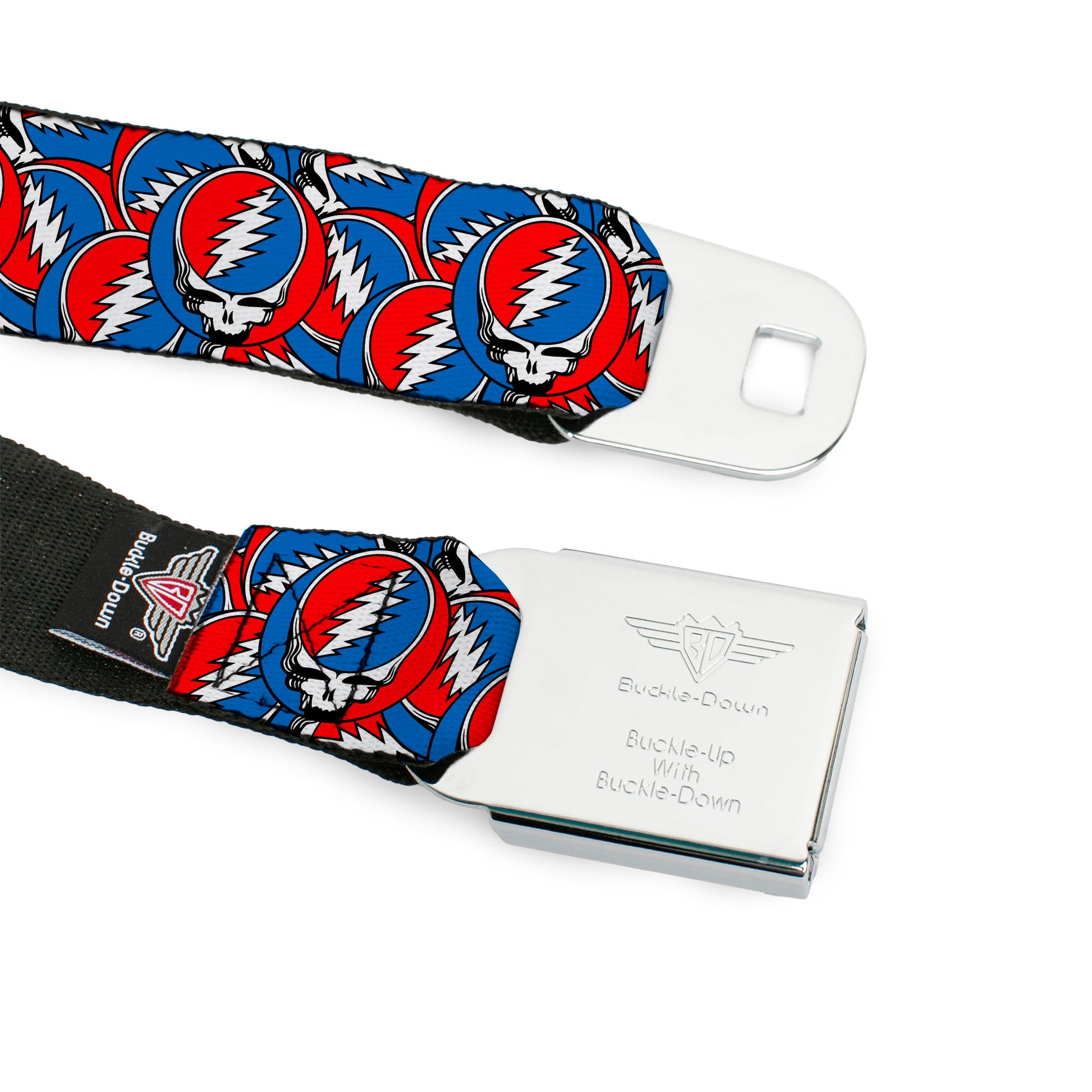 Grateful Dead Steal Your Face Logo Full Color Black/Red/White/Blue Seatbelt Belt - Grateful Dead Steal Your Face Logo Stacked Red/White/Blue Webbing Seatbelt Belts Grateful Dead