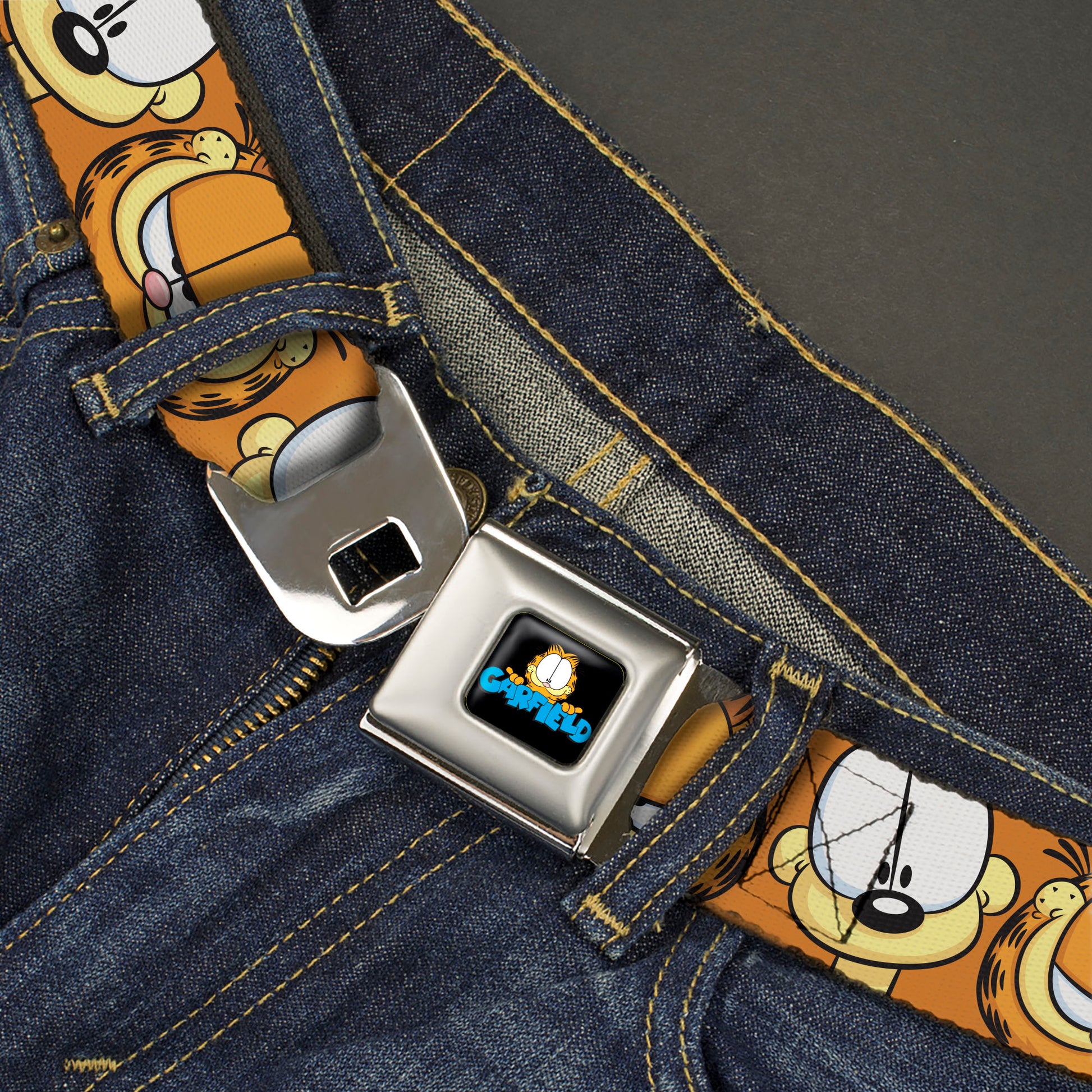 GARFIELD Pose Title Logo Full Color Black Seatbelt Belt - Garfield and Odie Faces Close-Up Orange Webbing Seatbelt Belts Garfield