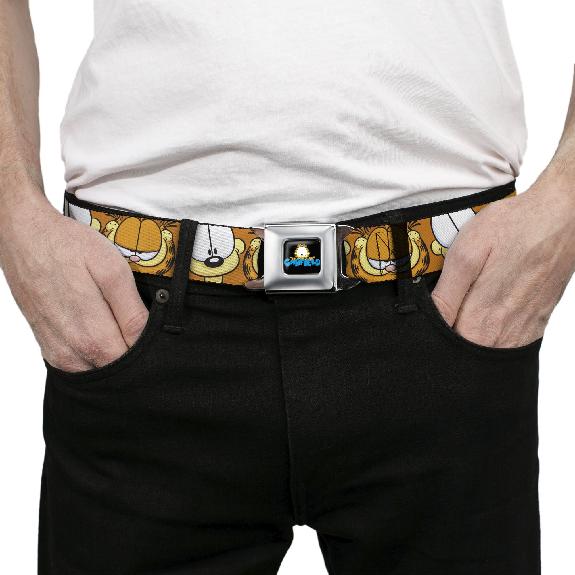 GARFIELD Pose Title Logo Full Color Black Seatbelt Belt - Garfield and Odie Faces Close-Up Orange Webbing Seatbelt Belts Garfield