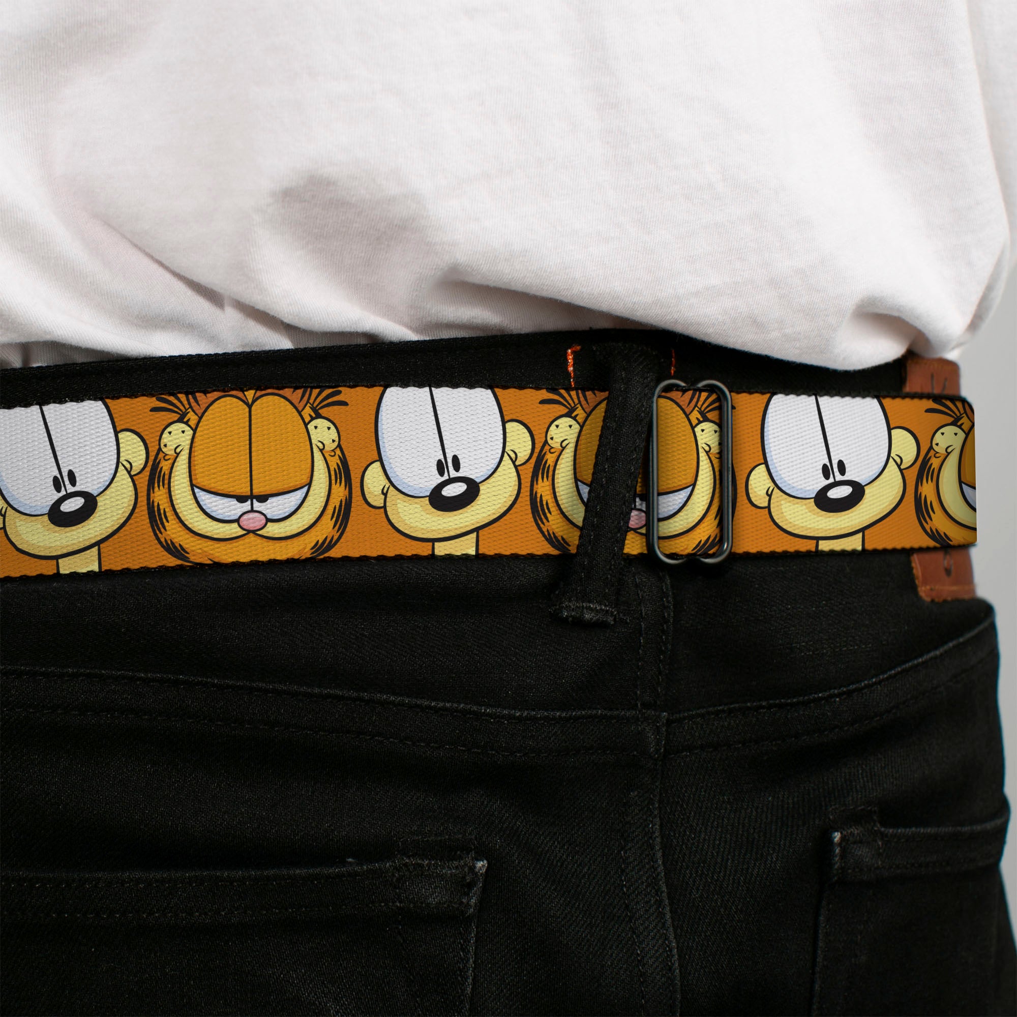 GARFIELD Pose Title Logo Full Color Black Seatbelt Belt - Garfield and Odie Faces Close-Up Orange Webbing Seatbelt Belts Garfield