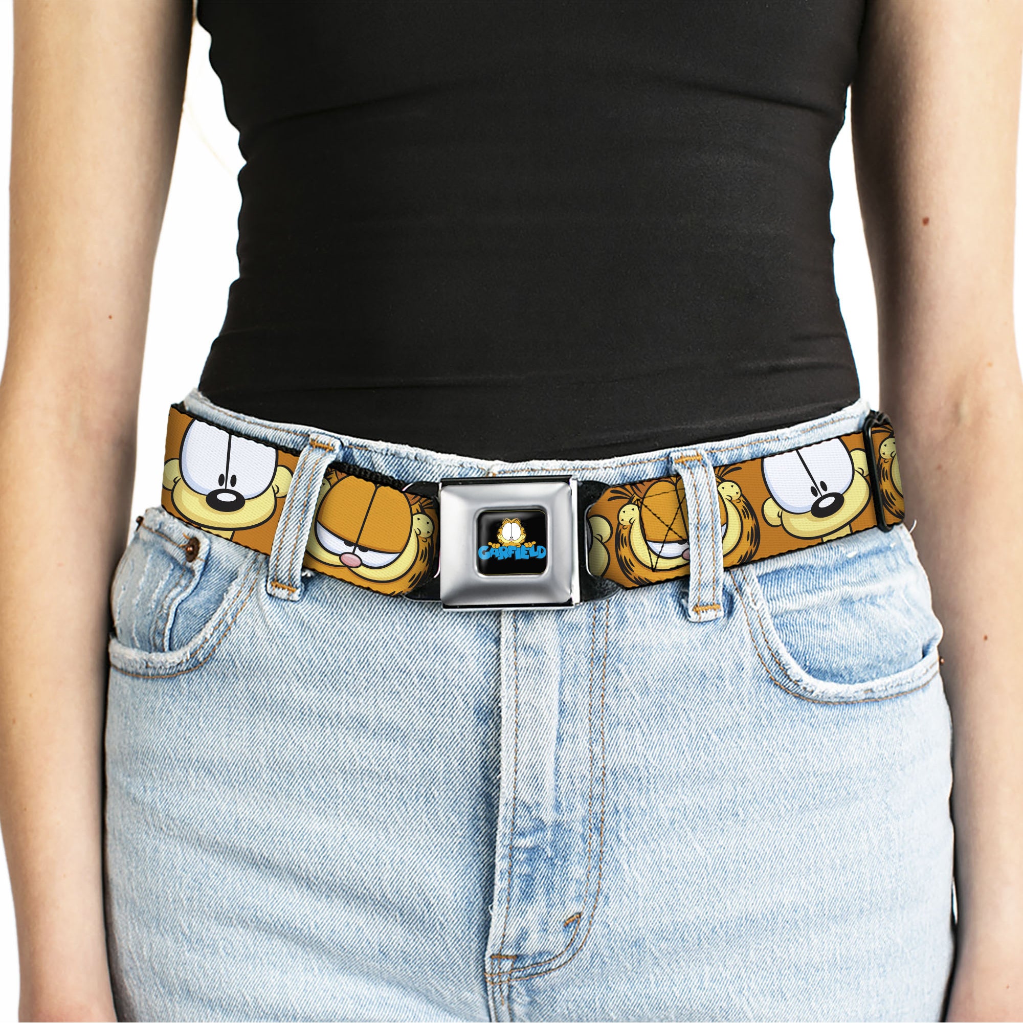 GARFIELD Pose Title Logo Full Color Black Seatbelt Belt - Garfield and Odie Faces Close-Up Orange Webbing Seatbelt Belts Garfield