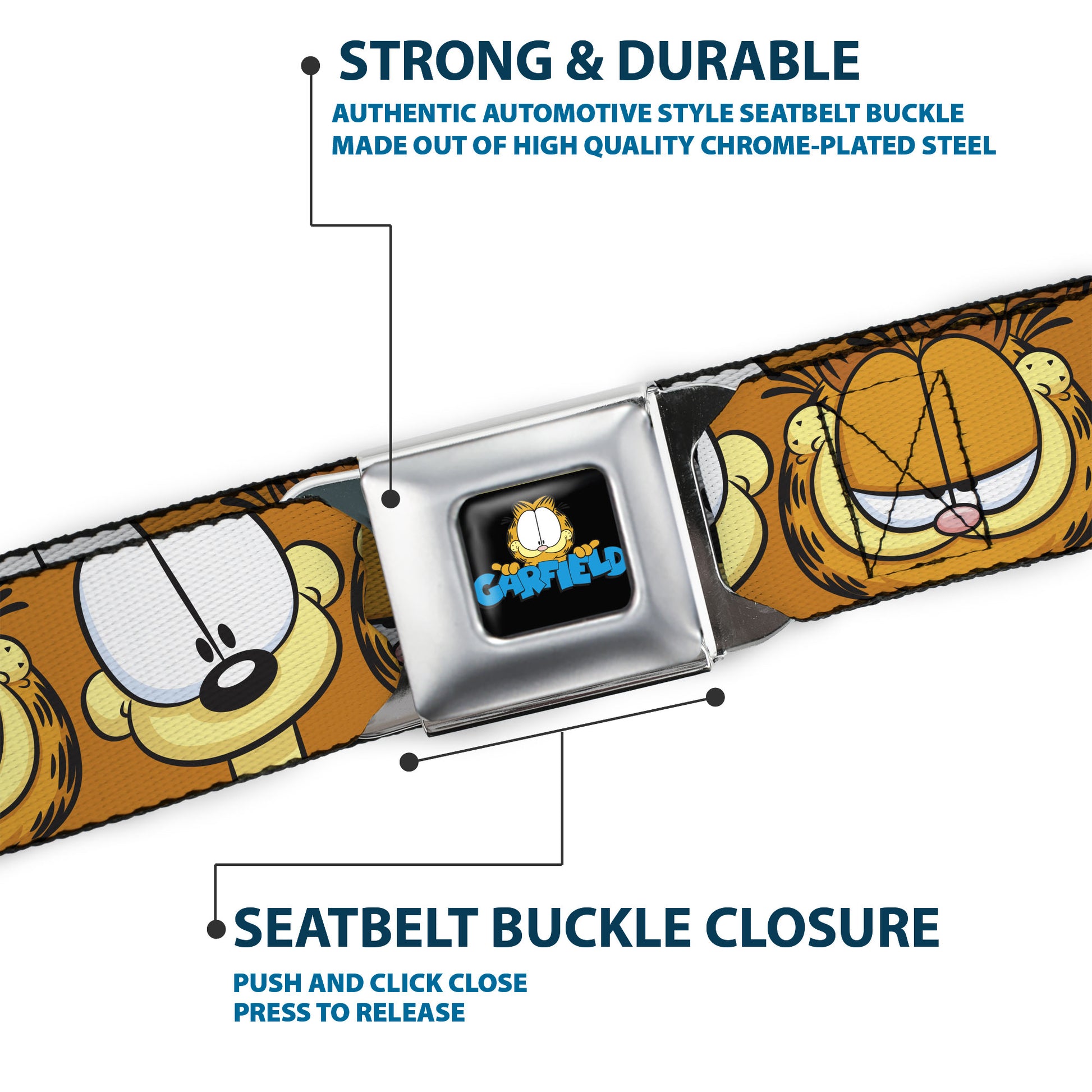 GARFIELD Pose Title Logo Full Color Black Seatbelt Belt - Garfield and Odie Faces Close-Up Orange Webbing Seatbelt Belts Garfield
