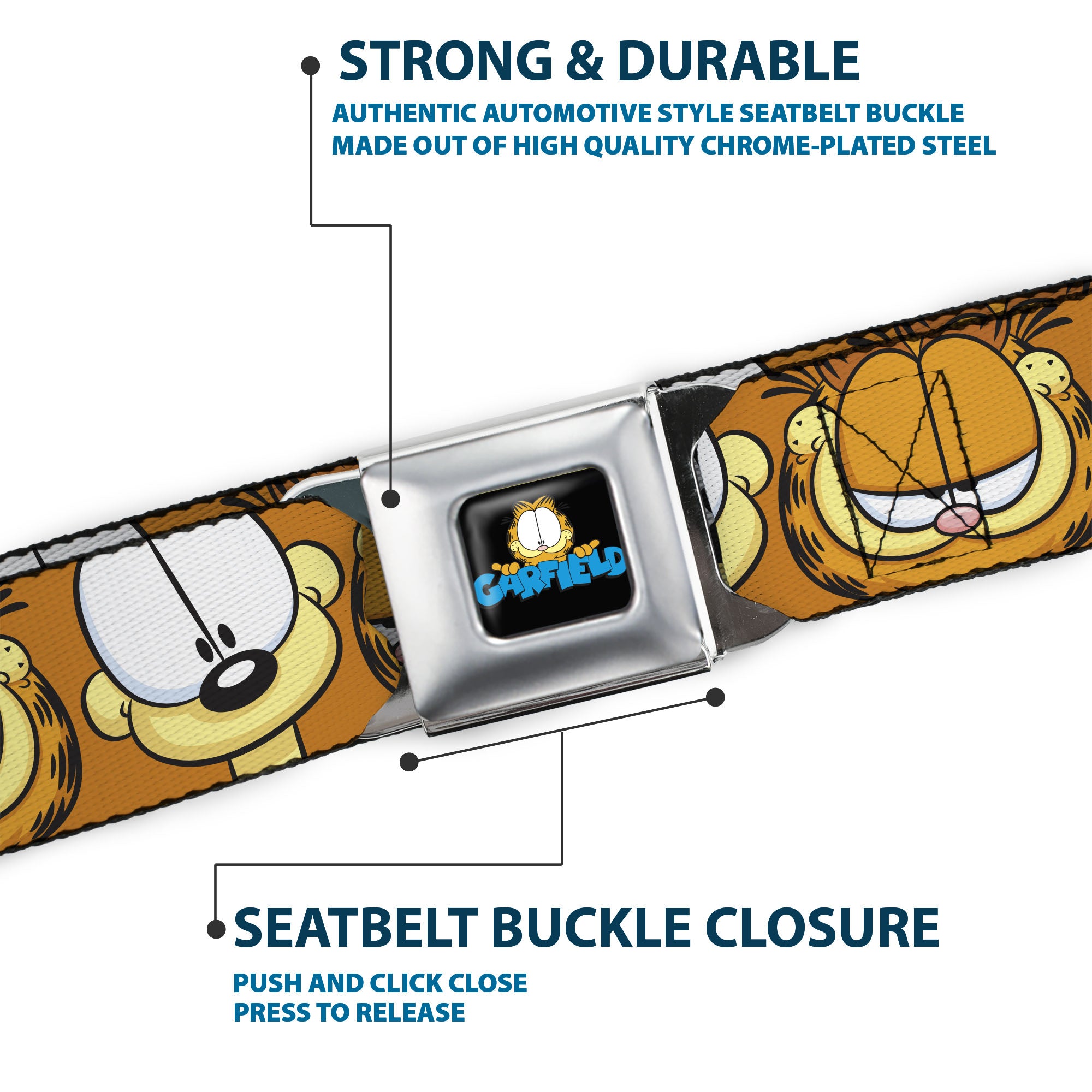 GARFIELD Pose Title Logo Full Color Black Seatbelt Belt - Garfield and Odie Faces Close-Up Orange Webbing Seatbelt Belts Garfield