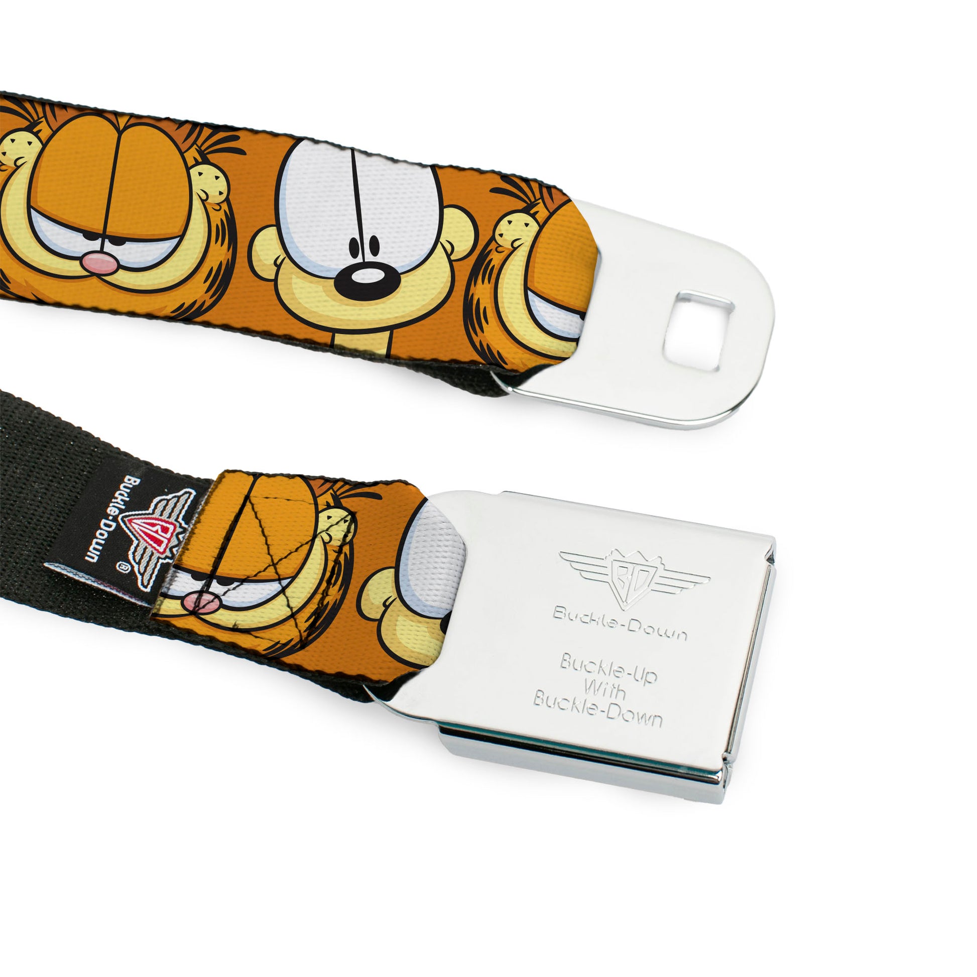 GARFIELD Pose Title Logo Full Color Black Seatbelt Belt - Garfield and Odie Faces Close-Up Orange Webbing Seatbelt Belts Garfield