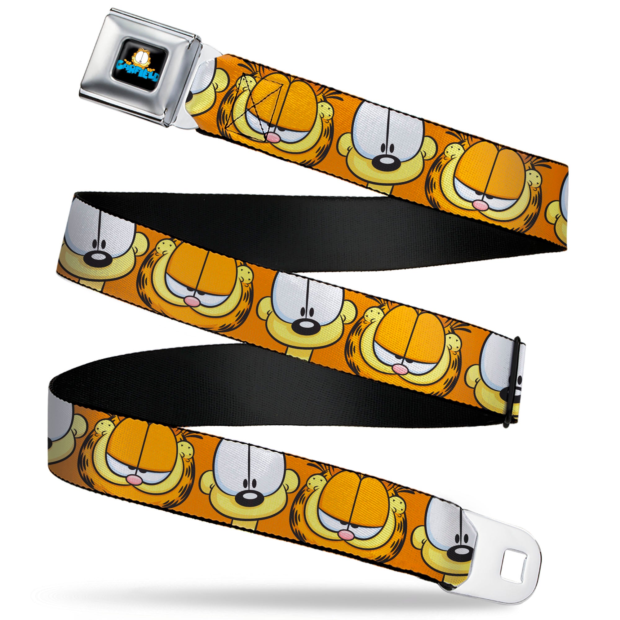 GARFIELD Pose Title Logo Full Color Black Seatbelt Belt - Garfield and Odie Faces Close-Up Orange Webbing Seatbelt Belts Garfield