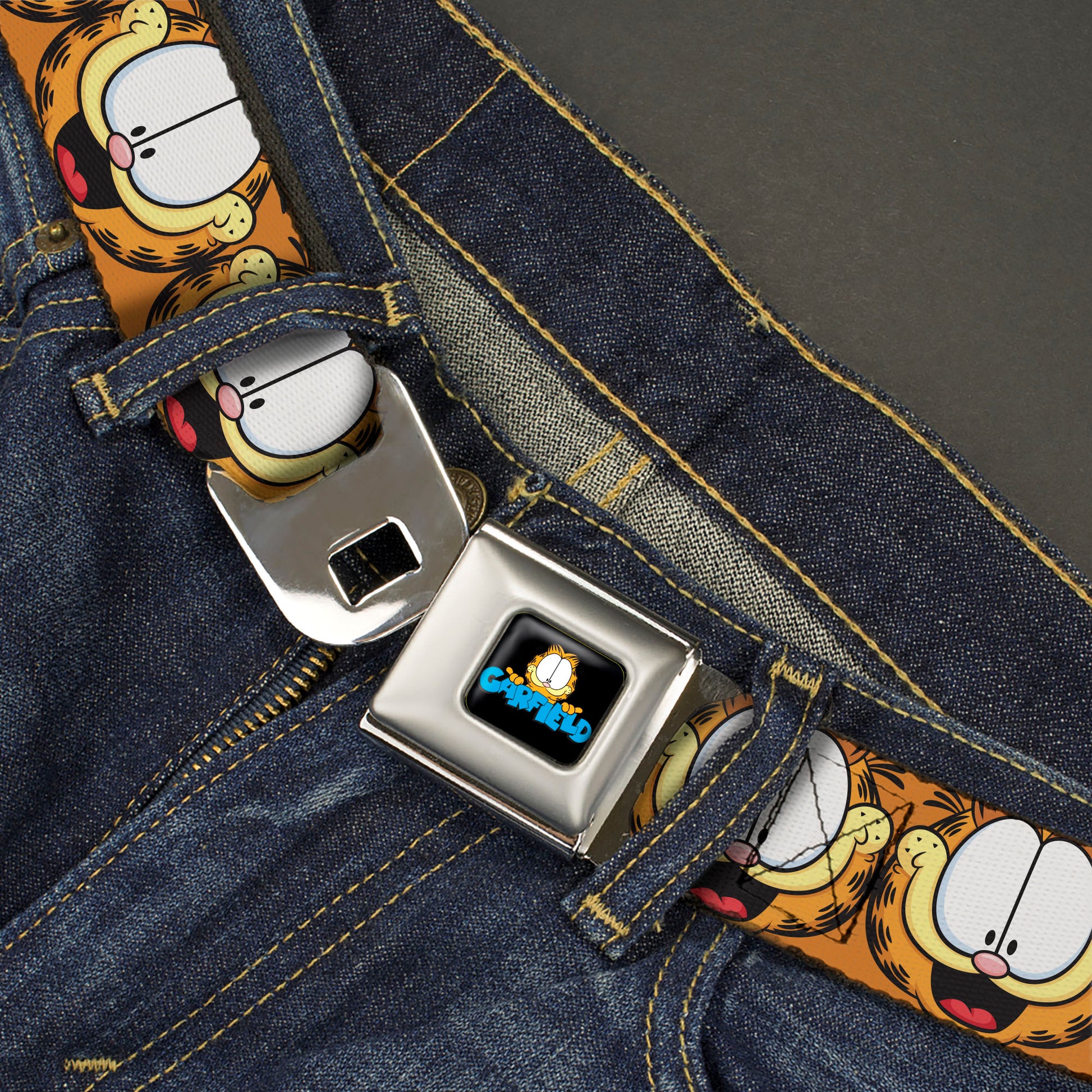 GARFIELD Pose Title Logo Full Color Black Seatbelt Belt - Garfield Smiling Expression Close-Up Orange Webbing Seatbelt Belts Garfield