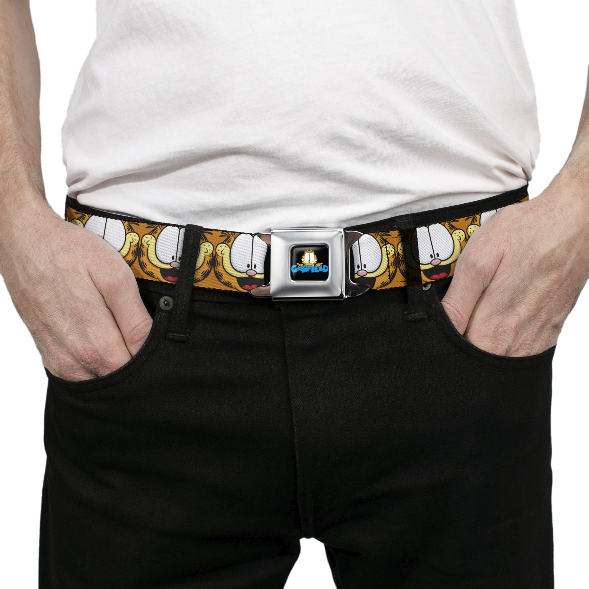 GARFIELD Pose Title Logo Full Color Black Seatbelt Belt - Garfield Smiling Expression Close-Up Orange Webbing Seatbelt Belts Garfield
