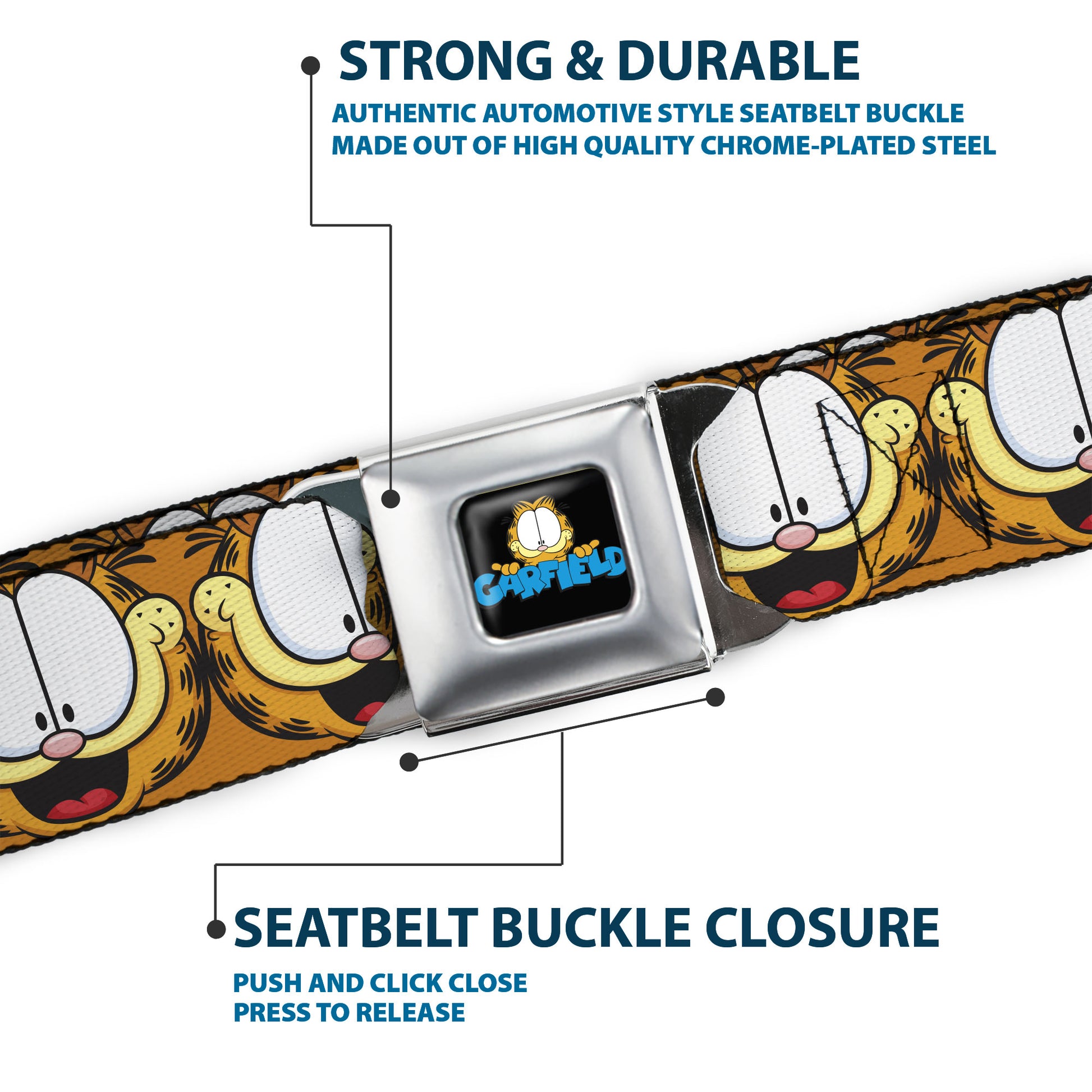 GARFIELD Pose Title Logo Full Color Black Seatbelt Belt - Garfield Smiling Expression Close-Up Orange Webbing Seatbelt Belts Garfield