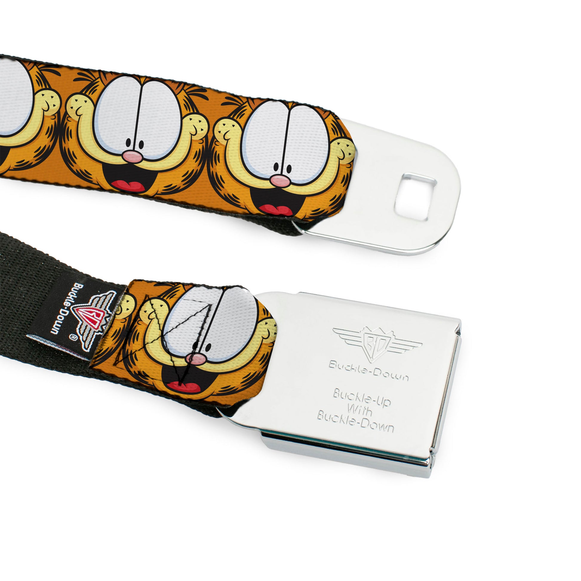 GARFIELD Pose Title Logo Full Color Black Seatbelt Belt - Garfield Smiling Expression Close-Up Orange Webbing Seatbelt Belts Garfield