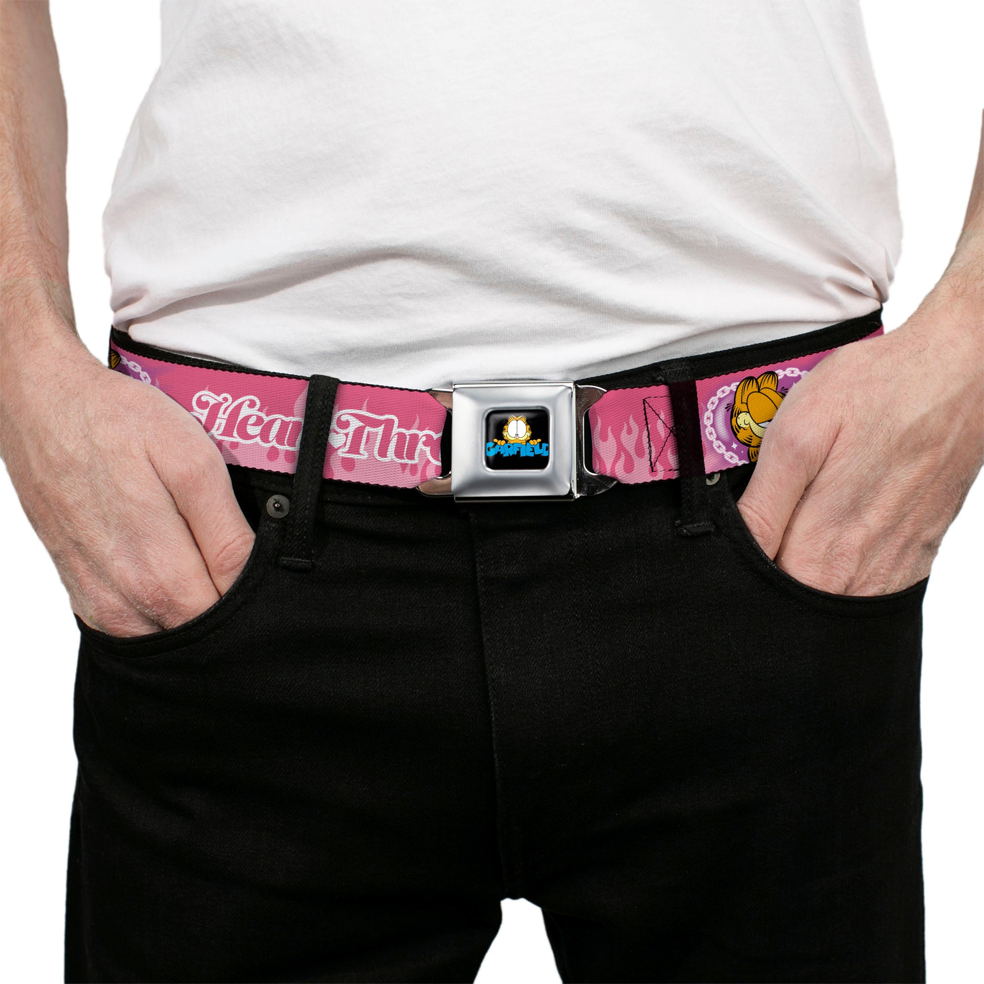 Garfield Smiling Face and Text Logo Full Color Black Seatbelt Belt - Garfield HEART THROB Flames Pose Valentine Pinks Webbing Seatbelt Belts Garfield
