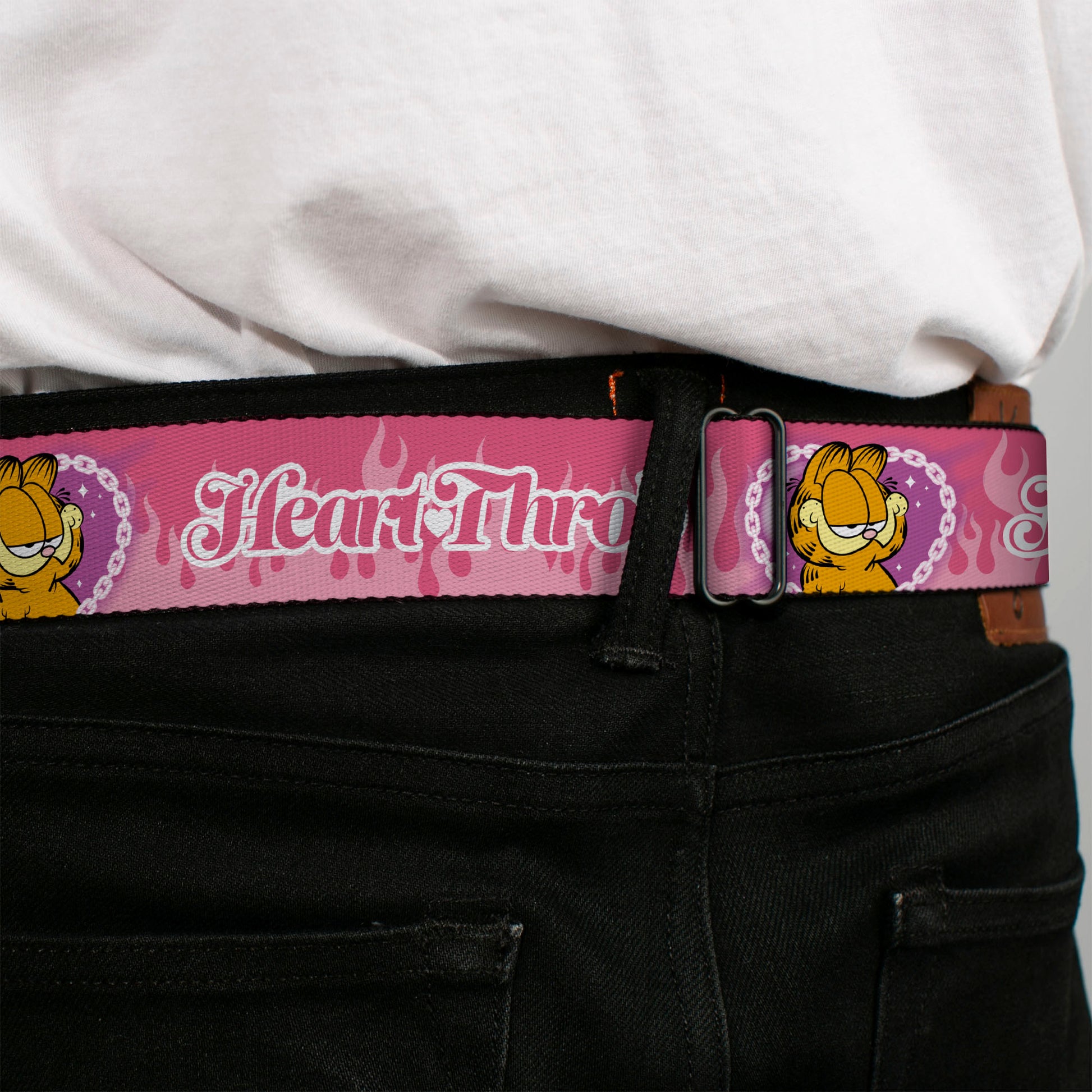 Garfield Smiling Face and Text Logo Full Color Black Seatbelt Belt - Garfield HEART THROB Flames Pose Valentine Pinks Webbing Seatbelt Belts Garfield