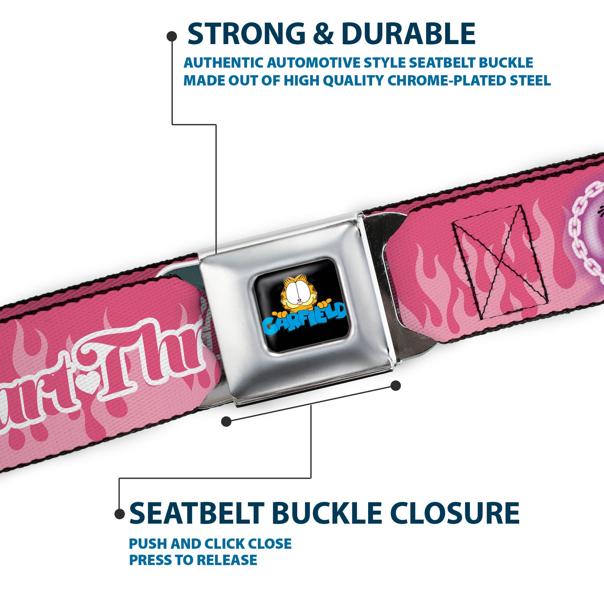 Garfield Smiling Face and Text Logo Full Color Black Seatbelt Belt - Garfield HEART THROB Flames Pose Valentine Pinks Webbing Seatbelt Belts Garfield
