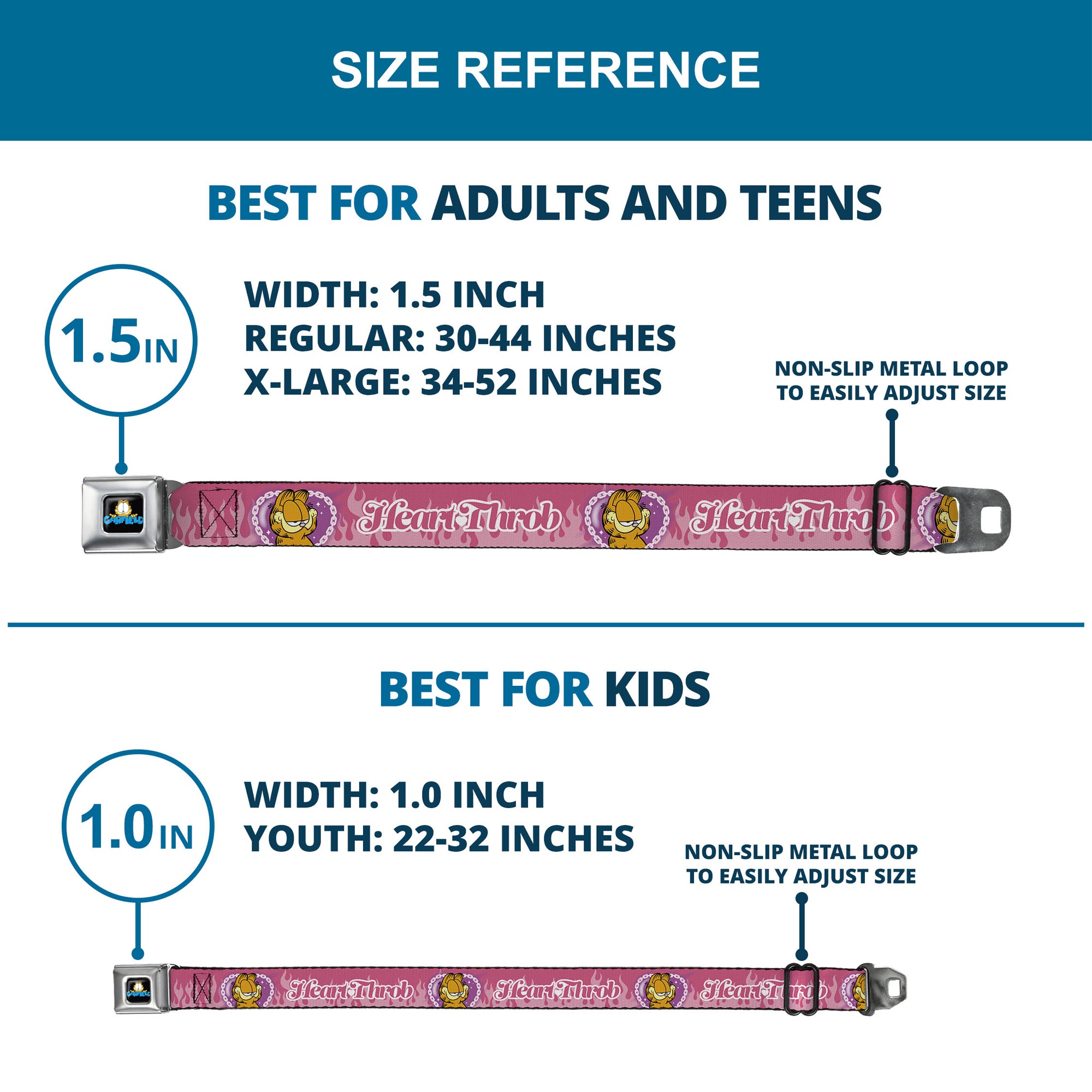 Garfield Smiling Face and Text Logo Full Color Black Seatbelt Belt - Garfield HEART THROB Flames Pose Valentine Pinks Webbing Seatbelt Belts Garfield