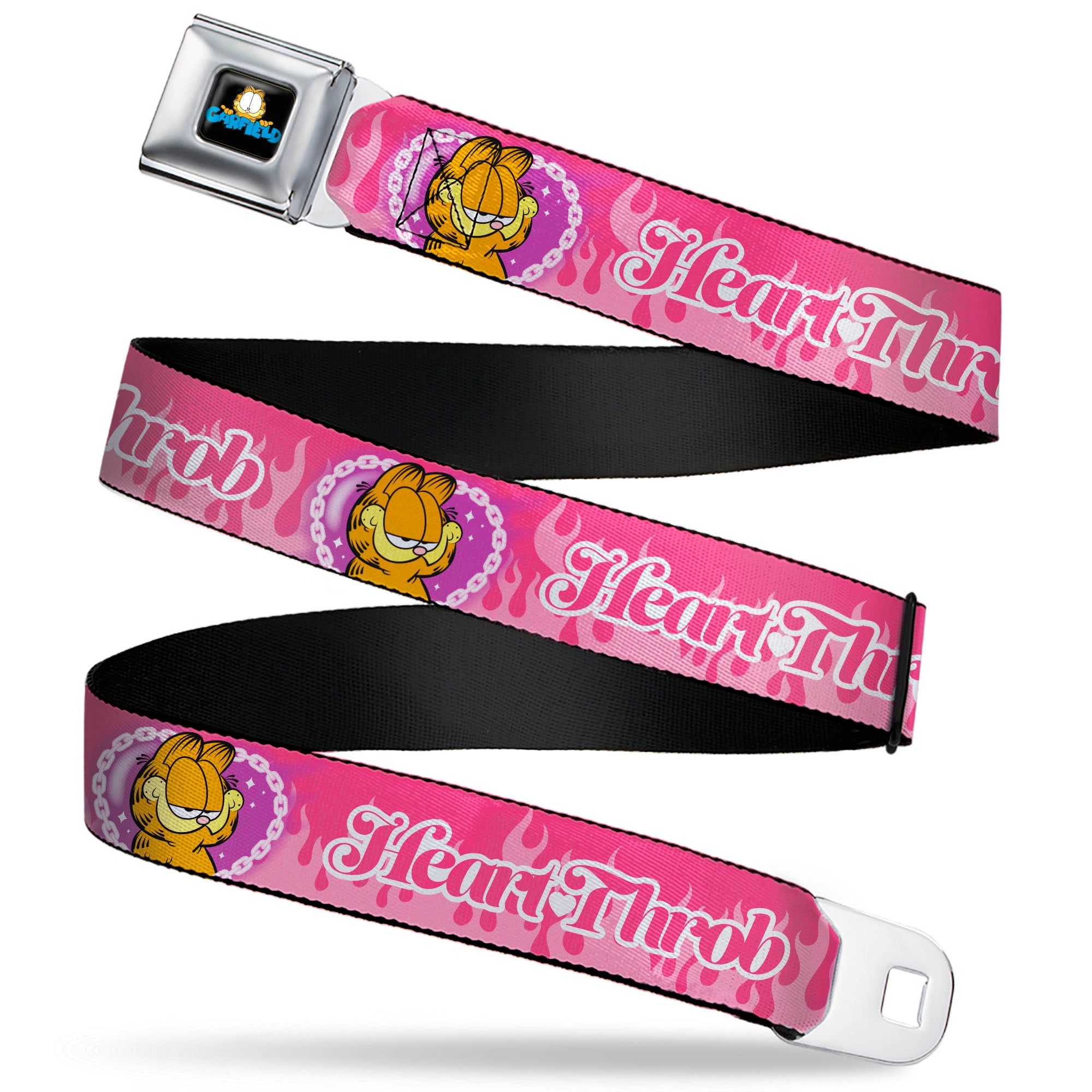 Garfield Smiling Face and Text Logo Full Color Black Seatbelt Belt - Garfield HEART THROB Flames Pose Valentine Pinks Webbing Seatbelt Belts Garfield