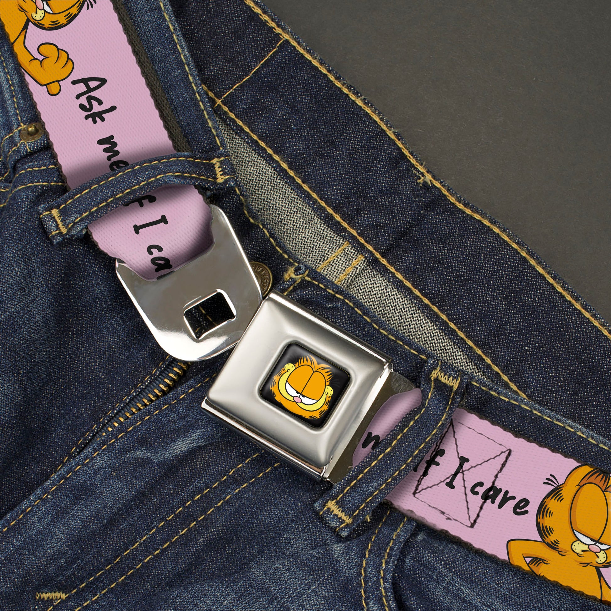 Garfield Smiling Face Full Color Black Seatbelt Belt - Garfield ASK ME IF I CARE Pose Pink Webbing Seatbelt Belts Garfield
