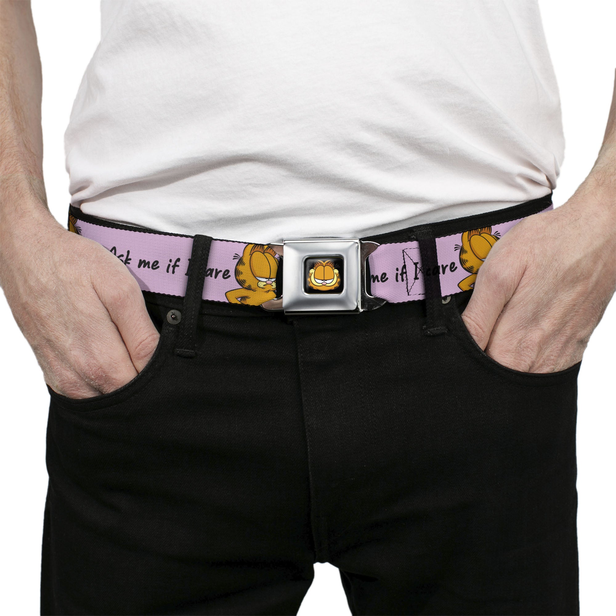 Garfield Smiling Face Full Color Black Seatbelt Belt - Garfield ASK ME IF I CARE Pose Pink Webbing Seatbelt Belts Garfield