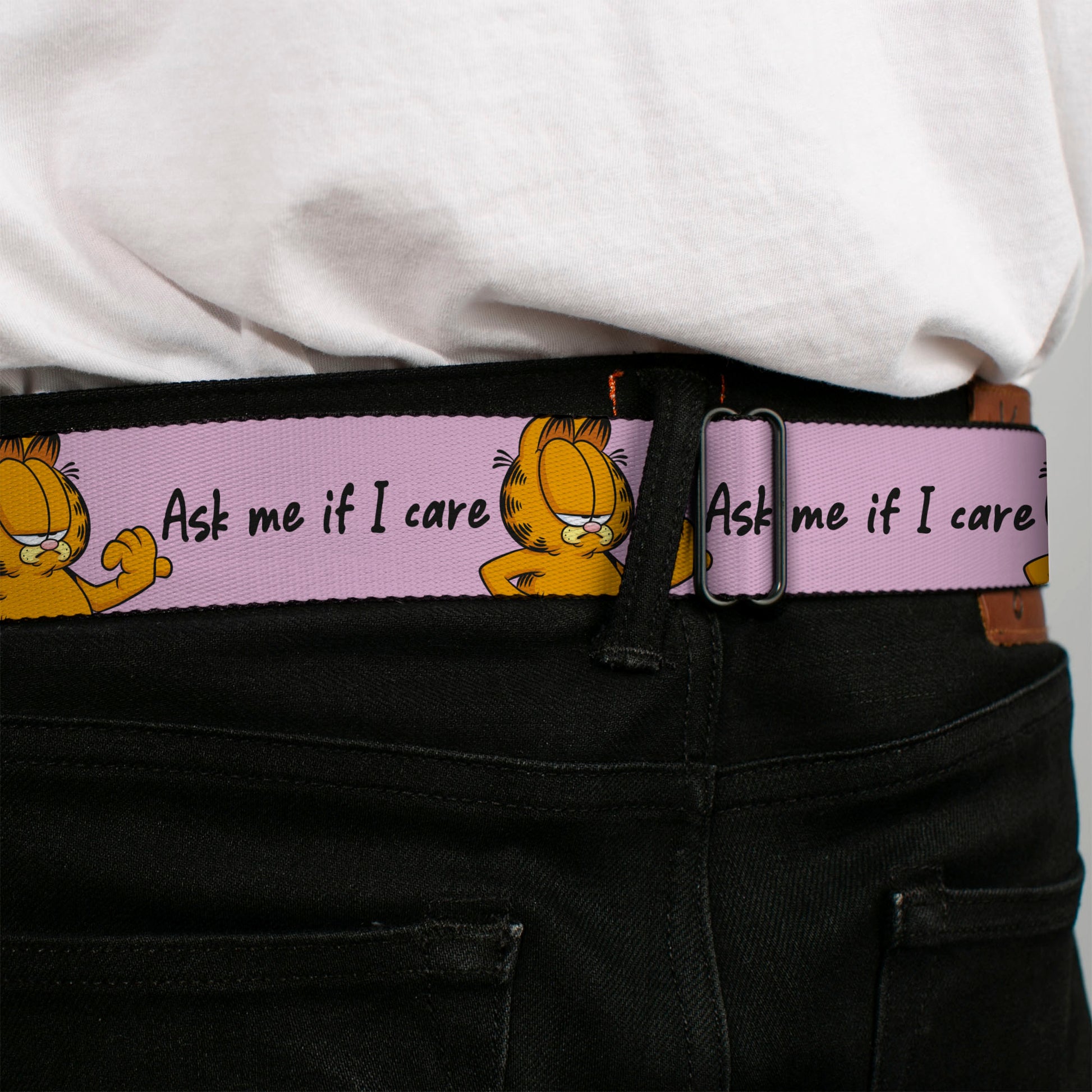 Garfield Smiling Face Full Color Black Seatbelt Belt - Garfield ASK ME IF I CARE Pose Pink Webbing Seatbelt Belts Garfield