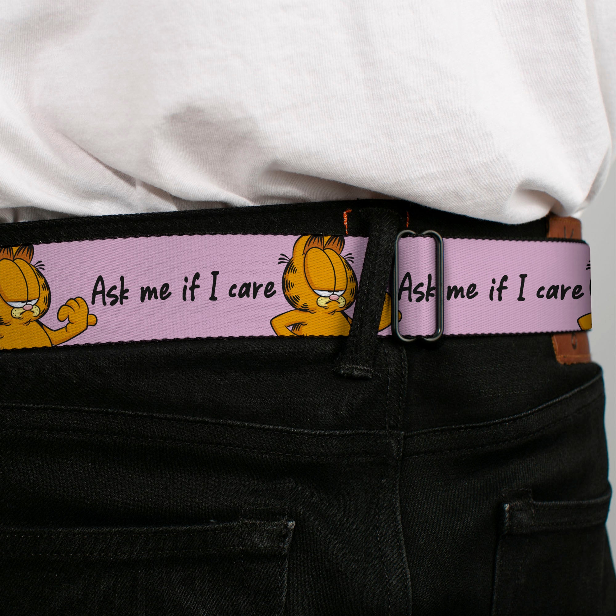Garfield Smiling Face Full Color Black Seatbelt Belt - Garfield ASK ME IF I CARE Pose Pink Webbing Seatbelt Belts Garfield