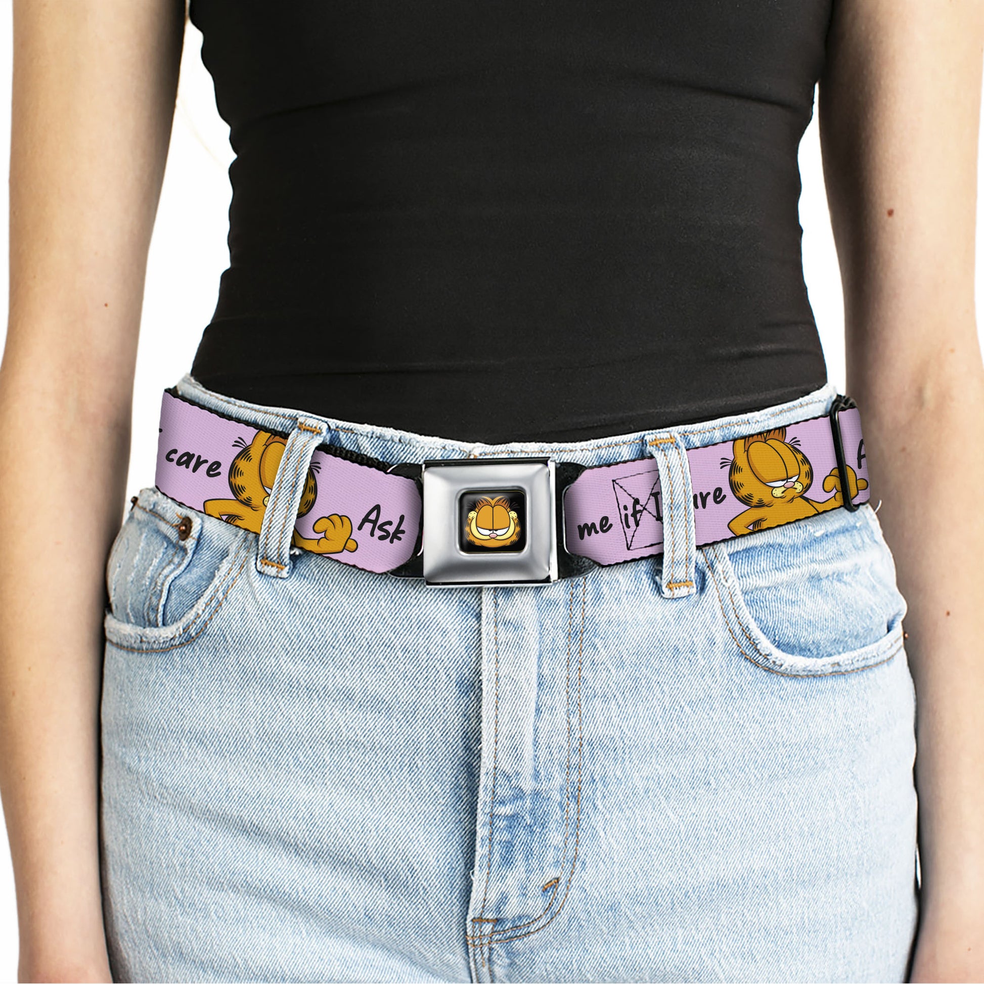 Garfield Smiling Face Full Color Black Seatbelt Belt - Garfield ASK ME IF I CARE Pose Pink Webbing Seatbelt Belts Garfield