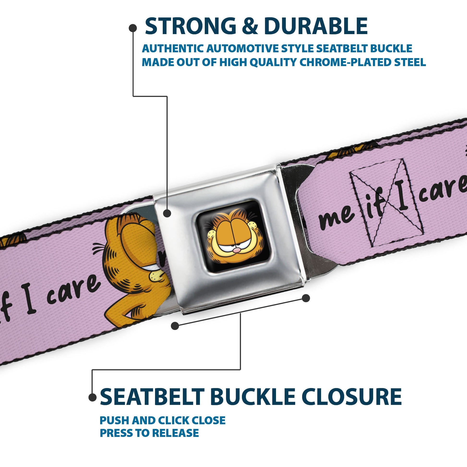 Garfield Smiling Face Full Color Black Seatbelt Belt - Garfield ASK ME IF I CARE Pose Pink Webbing Seatbelt Belts Garfield