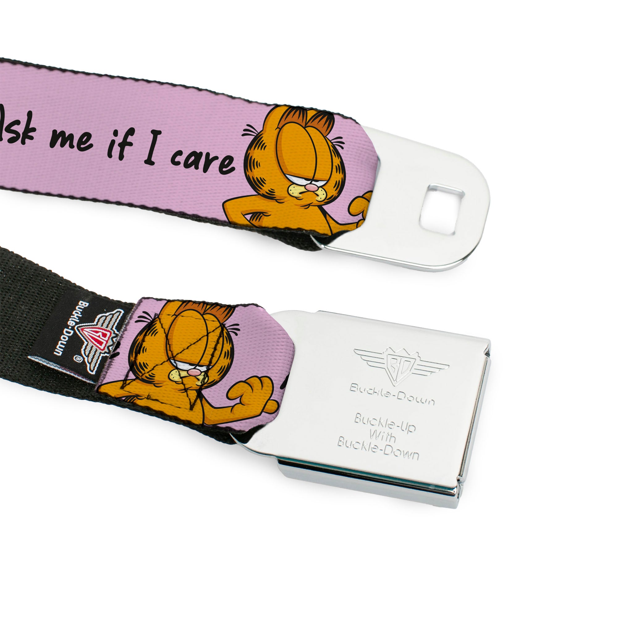 Garfield Smiling Face Full Color Black Seatbelt Belt - Garfield ASK ME IF I CARE Pose Pink Webbing Seatbelt Belts Garfield