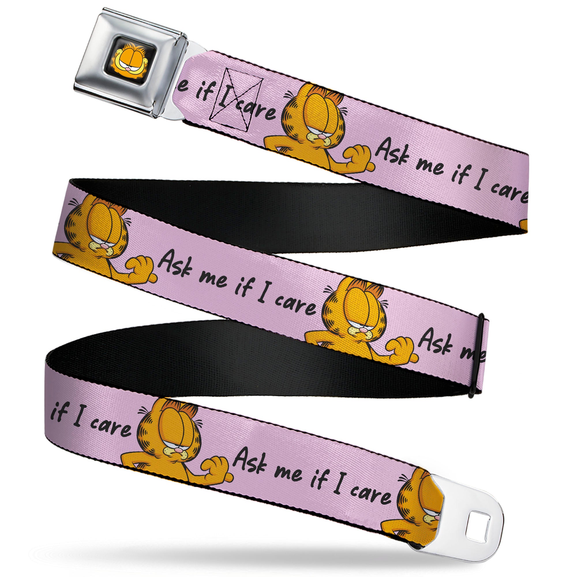 Garfield Smiling Face Full Color Black Seatbelt Belt - Garfield ASK ME IF I CARE Pose Pink Webbing Seatbelt Belts Garfield