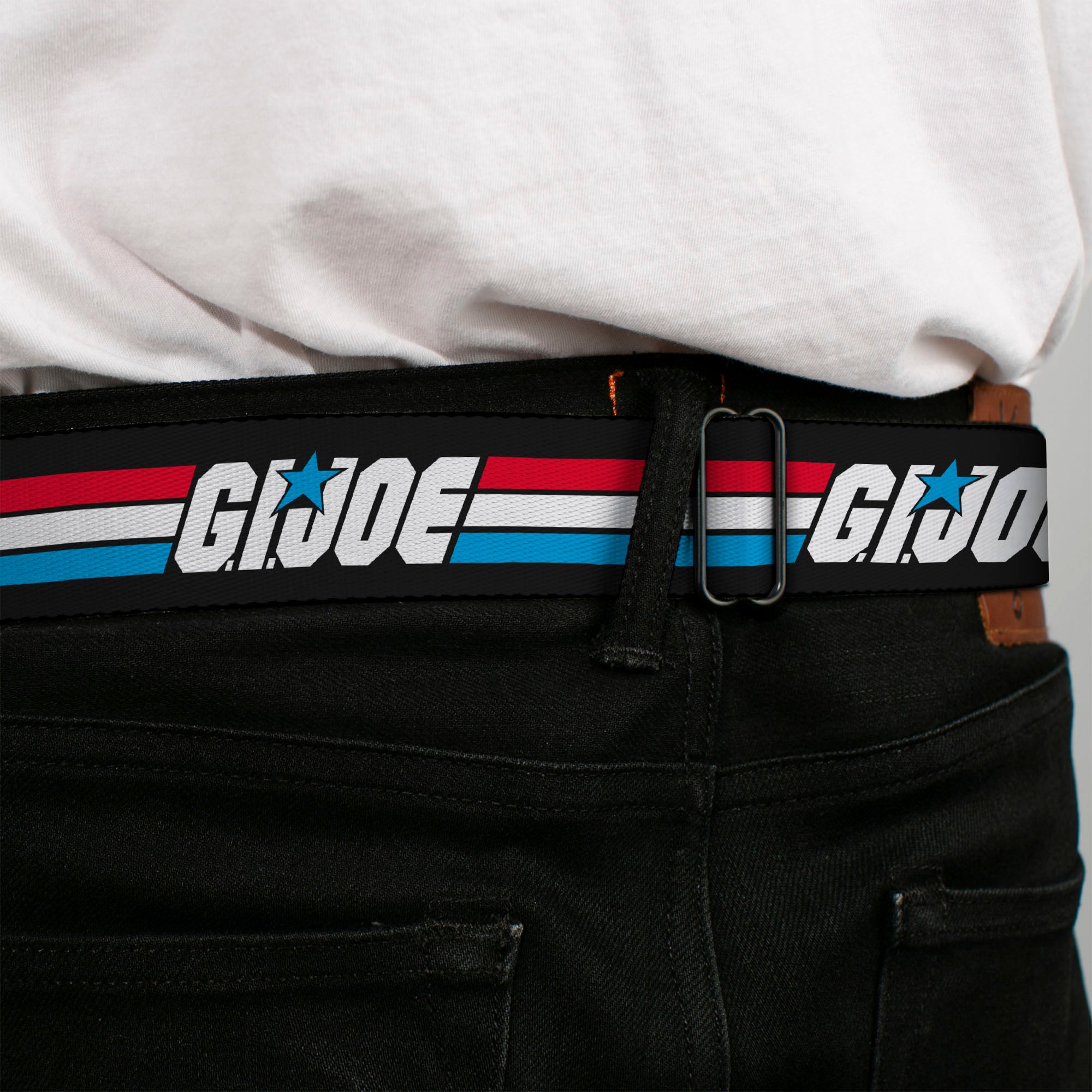 GI JOE Title Logo Stripe Full Color Black/Red/White/Blue Seatbelt Belt - GI JOE Title Logo Stripe Black/Red/White/Blue Webbing Seatbelt Belts Hasbro