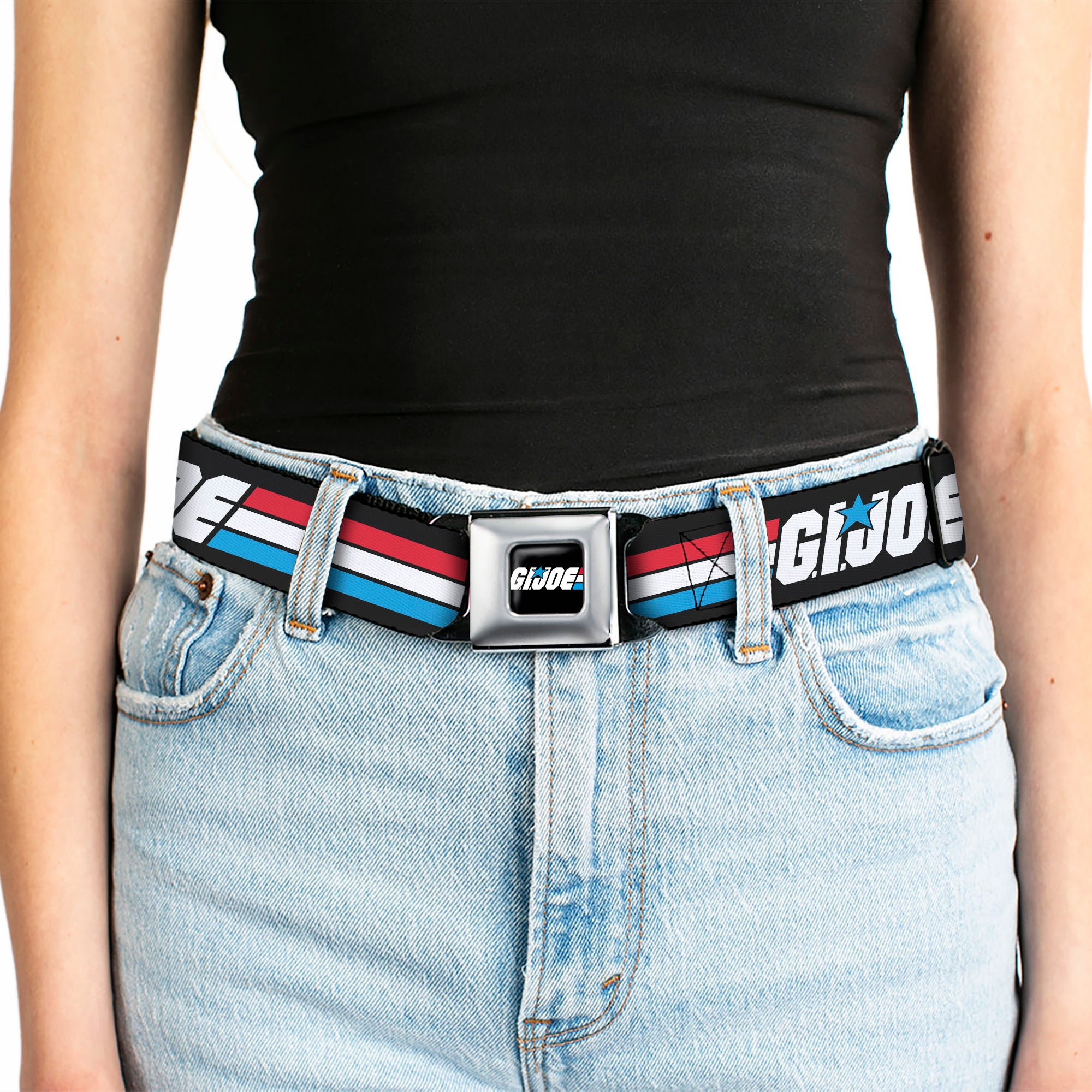 GI JOE Title Logo Stripe Full Color Black/Red/White/Blue Seatbelt Belt - GI JOE Title Logo Stripe Black/Red/White/Blue Webbing Seatbelt Belts Hasbro
