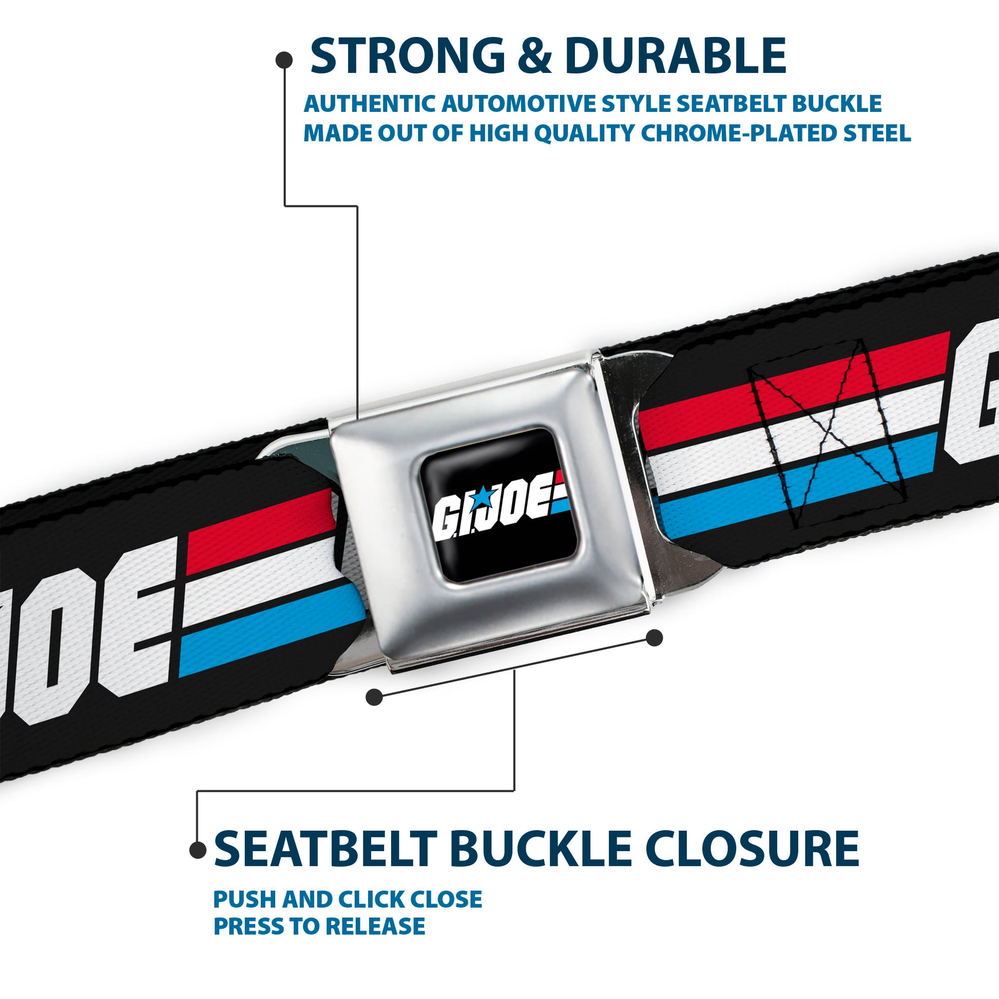 GI JOE Title Logo Stripe Full Color Black/Red/White/Blue Seatbelt Belt - GI JOE Title Logo Stripe Black/Red/White/Blue Webbing Seatbelt Belts Hasbro