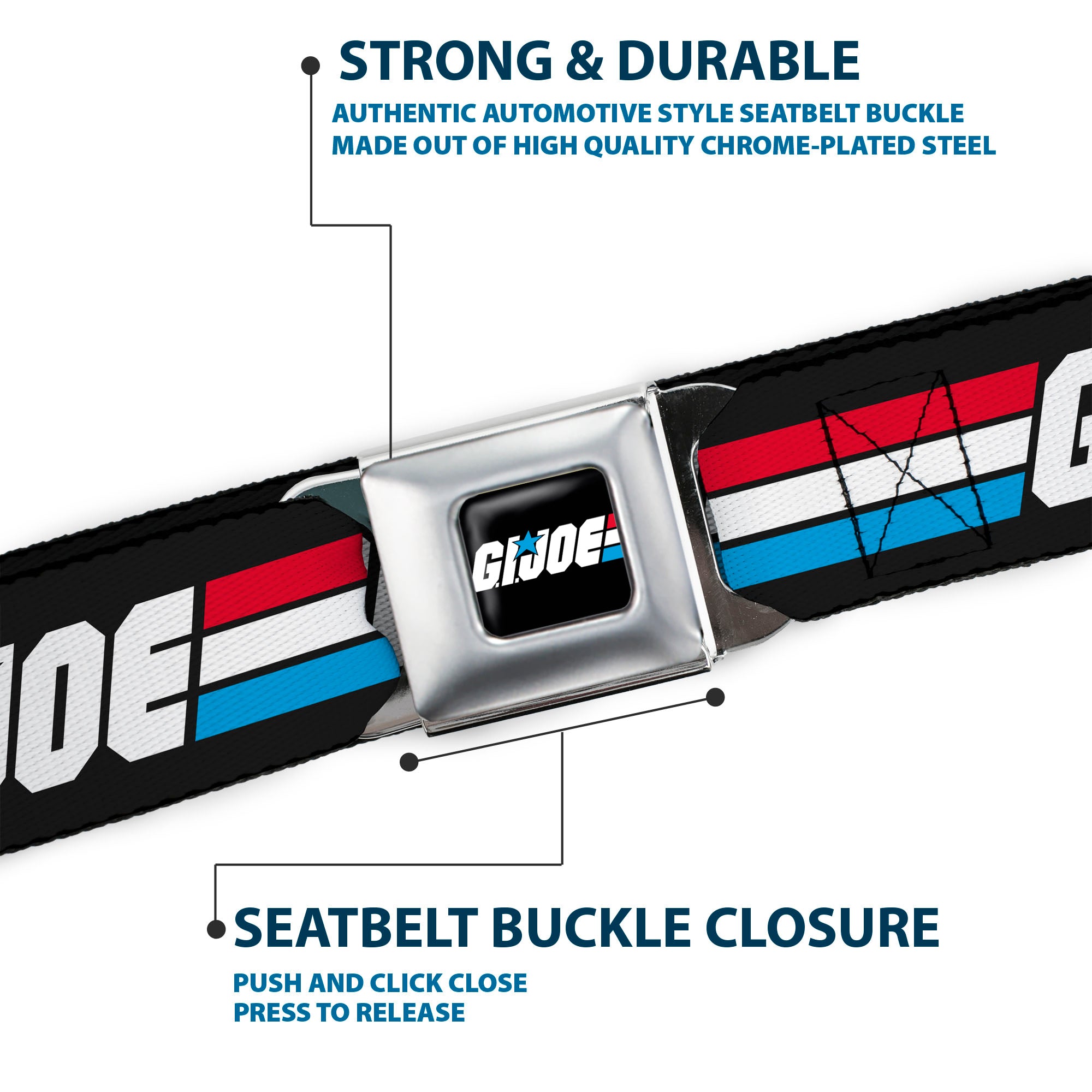 GI JOE Title Logo Stripe Full Color Black/Red/White/Blue Seatbelt Belt - GI JOE Title Logo Stripe Black/Red/White/Blue Webbing Seatbelt Belts Hasbro