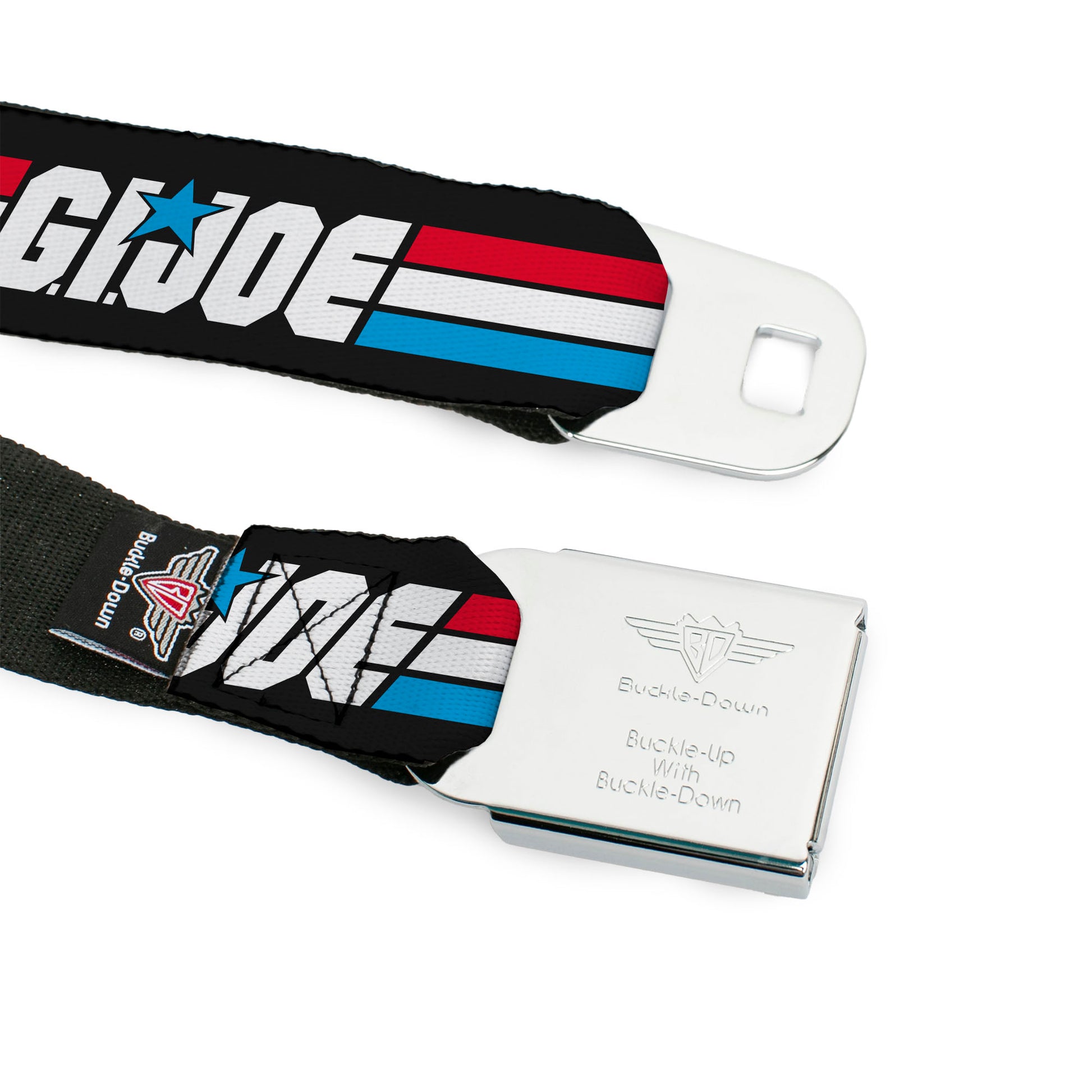 GI JOE Title Logo Stripe Full Color Black/Red/White/Blue Seatbelt Belt - GI JOE Title Logo Stripe Black/Red/White/Blue Webbing Seatbelt Belts Hasbro