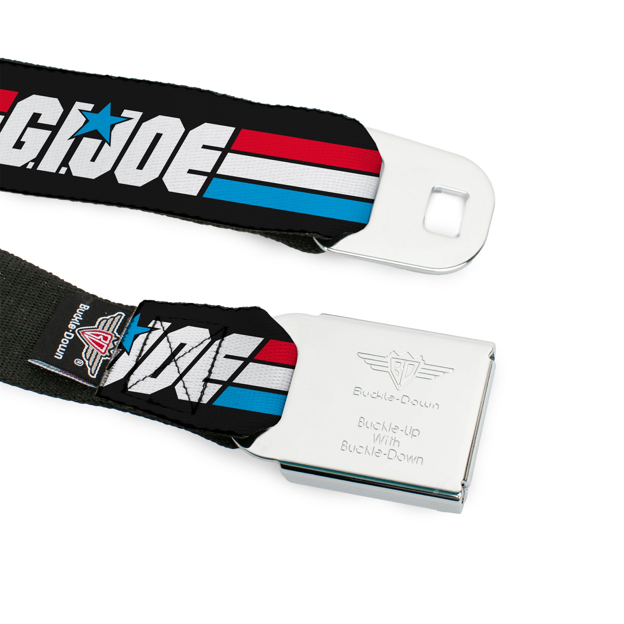 GI JOE Title Logo Stripe Full Color Black/Red/White/Blue Seatbelt Belt - GI JOE Title Logo Stripe Black/Red/White/Blue Webbing Seatbelt Belts Hasbro