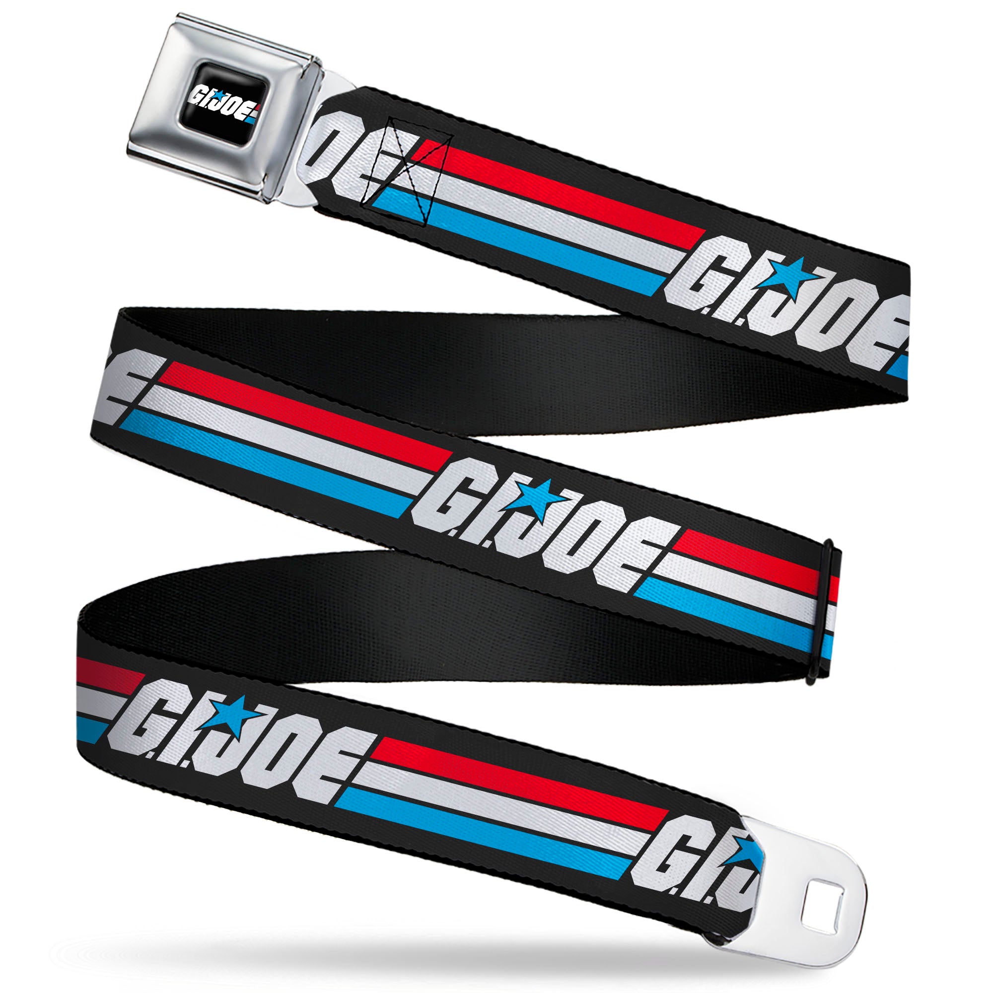 GI JOE Title Logo Stripe Full Color Black/Red/White/Blue Seatbelt Belt - GI JOE Title Logo Stripe Black/Red/White/Blue Webbing Seatbelt Belts Hasbro