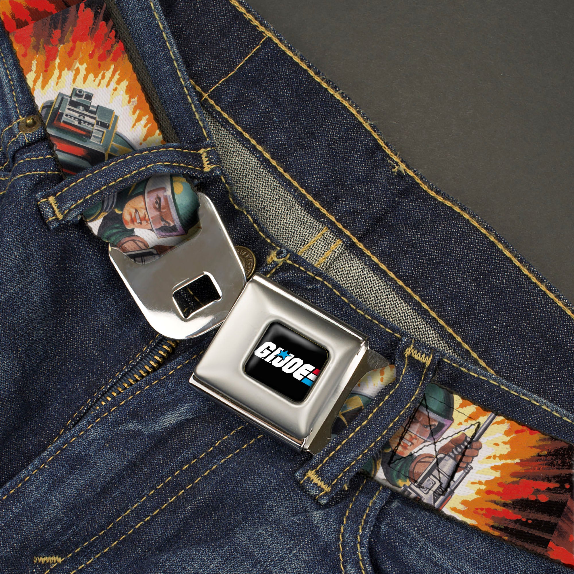 GI JOE Title Logo Stripe Full Color Black/Red/White/Blue Seatbelt Belt - GI Joe Retro Footloose Flash Air Tight Character File Card Explosion Poses Webbing Seatbelt Belts Hasbro