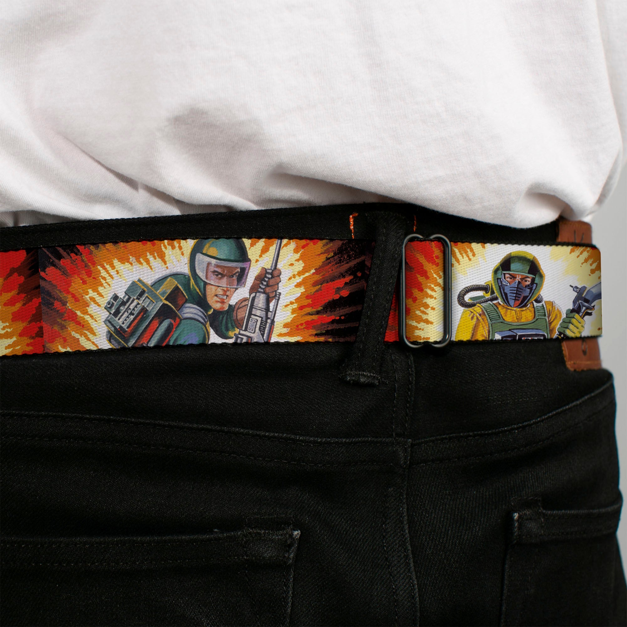 GI JOE Title Logo Stripe Full Color Black/Red/White/Blue Seatbelt Belt - GI Joe Retro Footloose Flash Air Tight Character File Card Explosion Poses Webbing Seatbelt Belts Hasbro