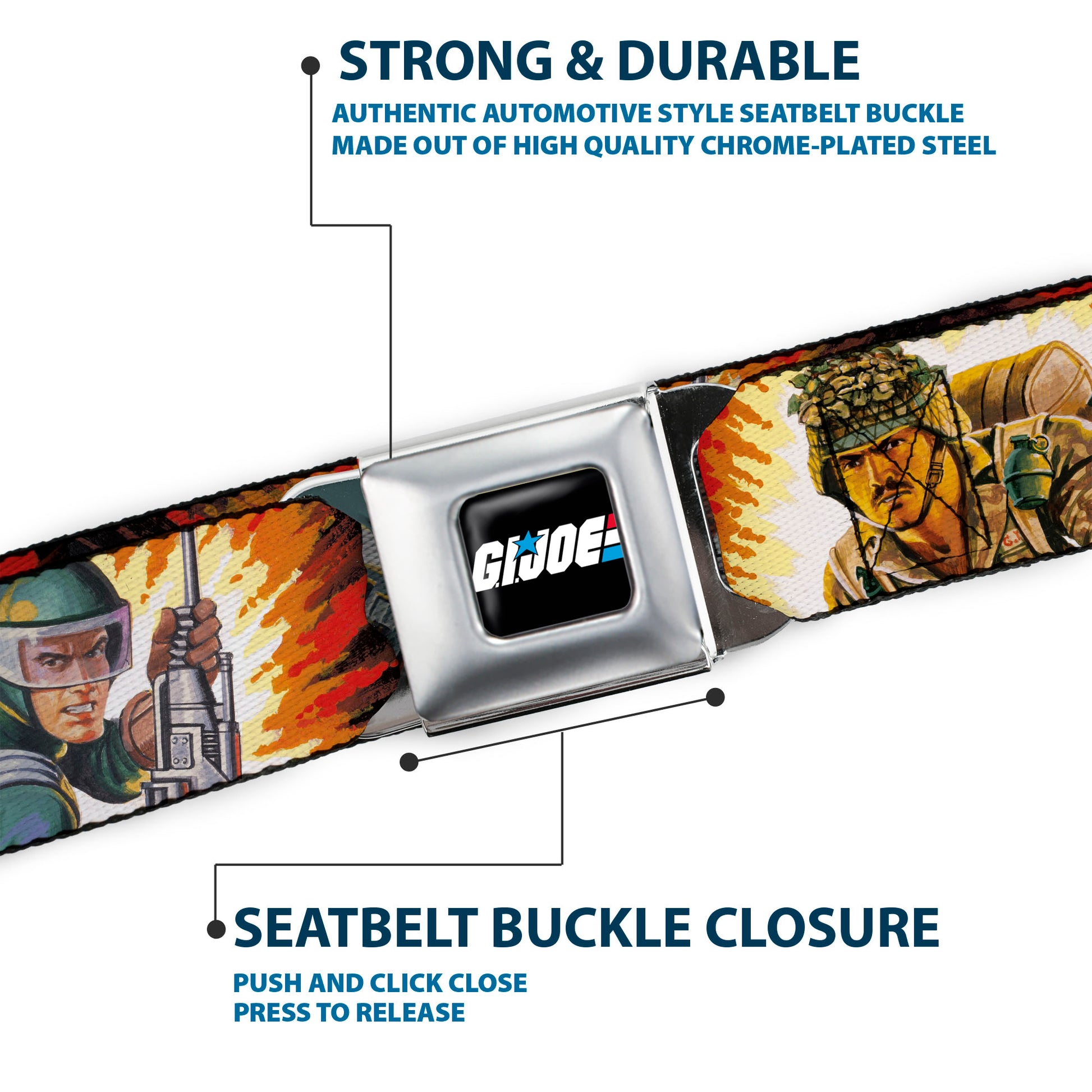 GI JOE Title Logo Stripe Full Color Black/Red/White/Blue Seatbelt Belt - GI Joe Retro Footloose Flash Air Tight Character File Card Explosion Poses Webbing Seatbelt Belts Hasbro