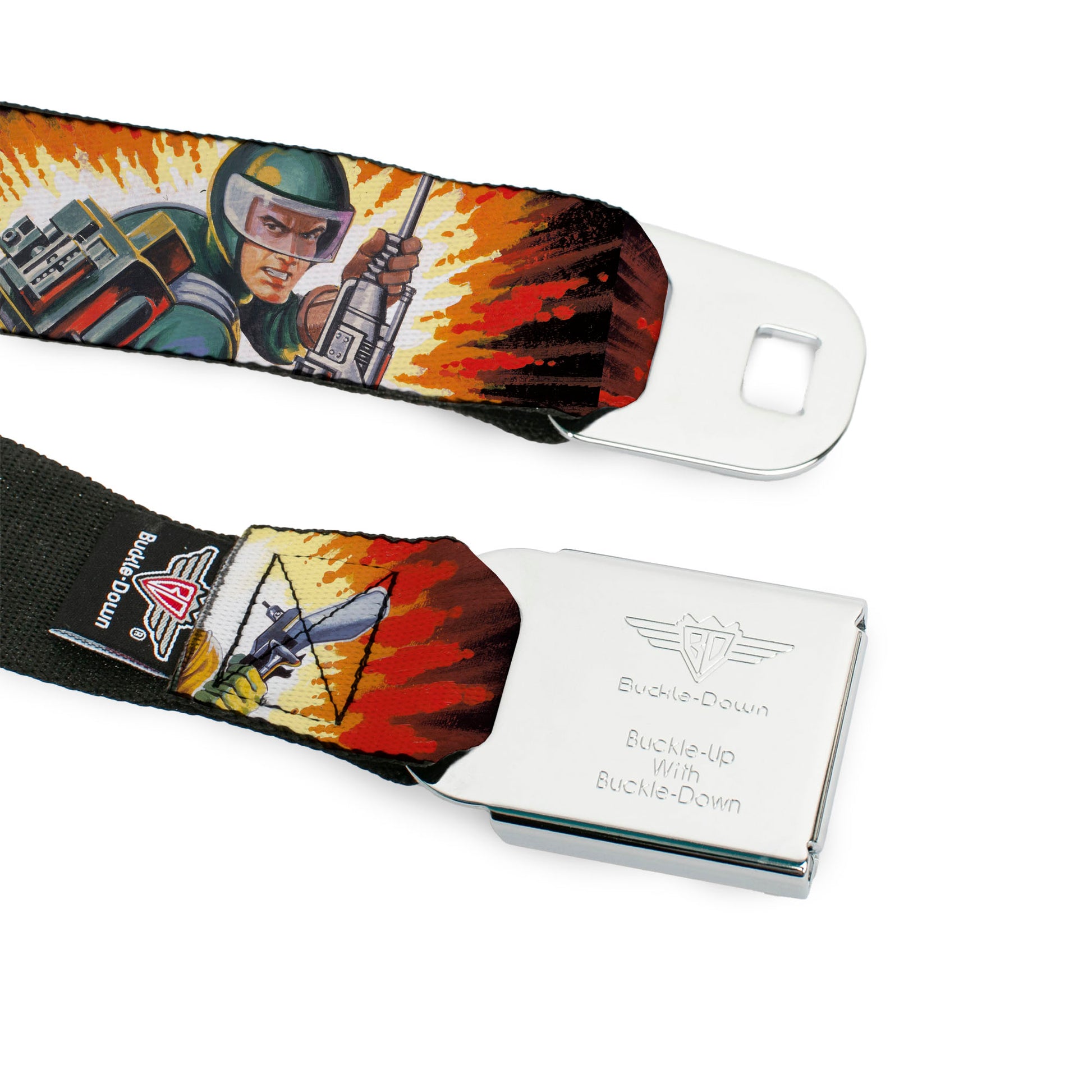 GI JOE Title Logo Stripe Full Color Black/Red/White/Blue Seatbelt Belt - GI Joe Retro Footloose Flash Air Tight Character File Card Explosion Poses Webbing Seatbelt Belts Hasbro