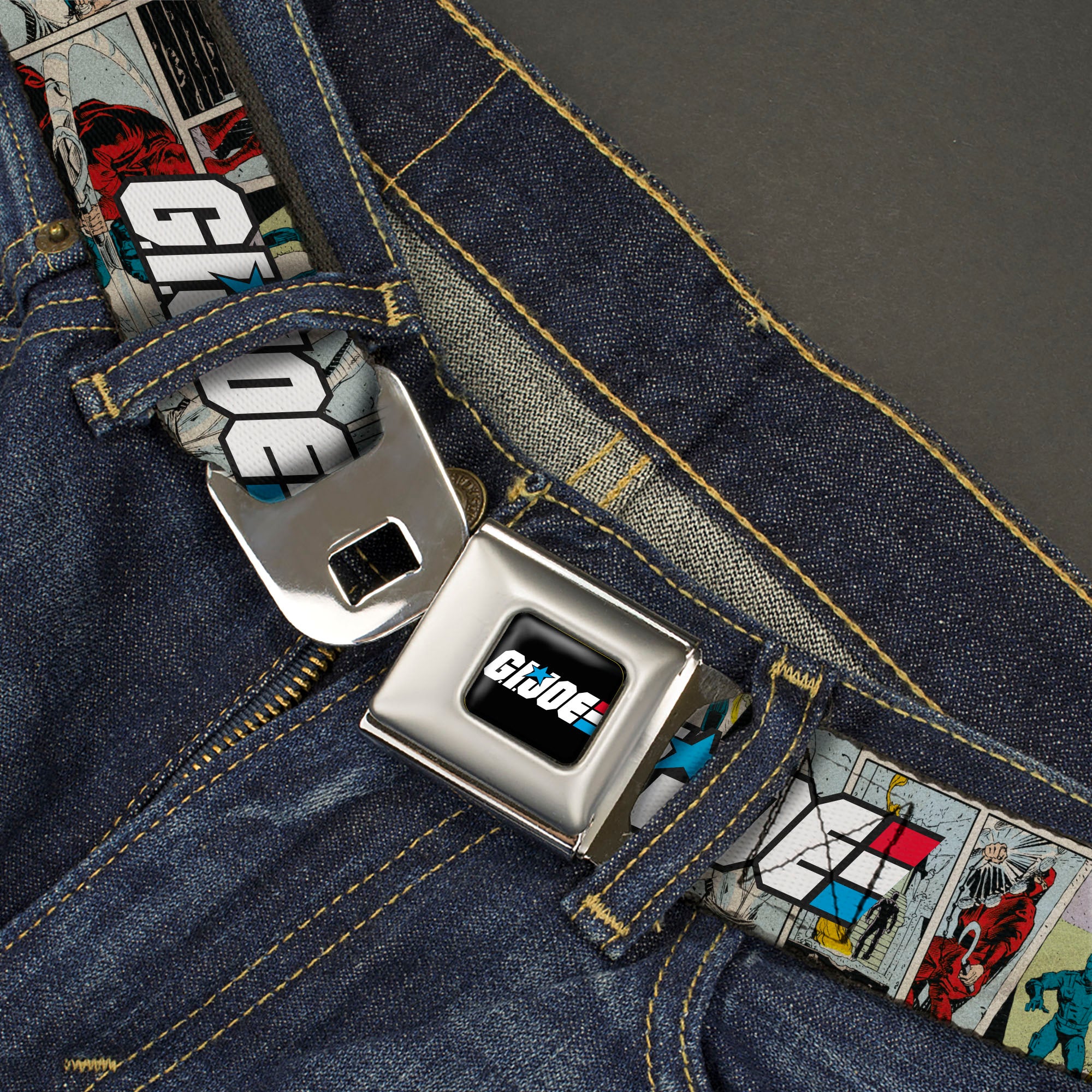 GI JOE Title Logo Stripe Full Color Black/Red/White/Blue Seatbelt Belt - GI JOE Title Logo and Comic Scene Blocks Webbing Seatbelt Belts Hasbro