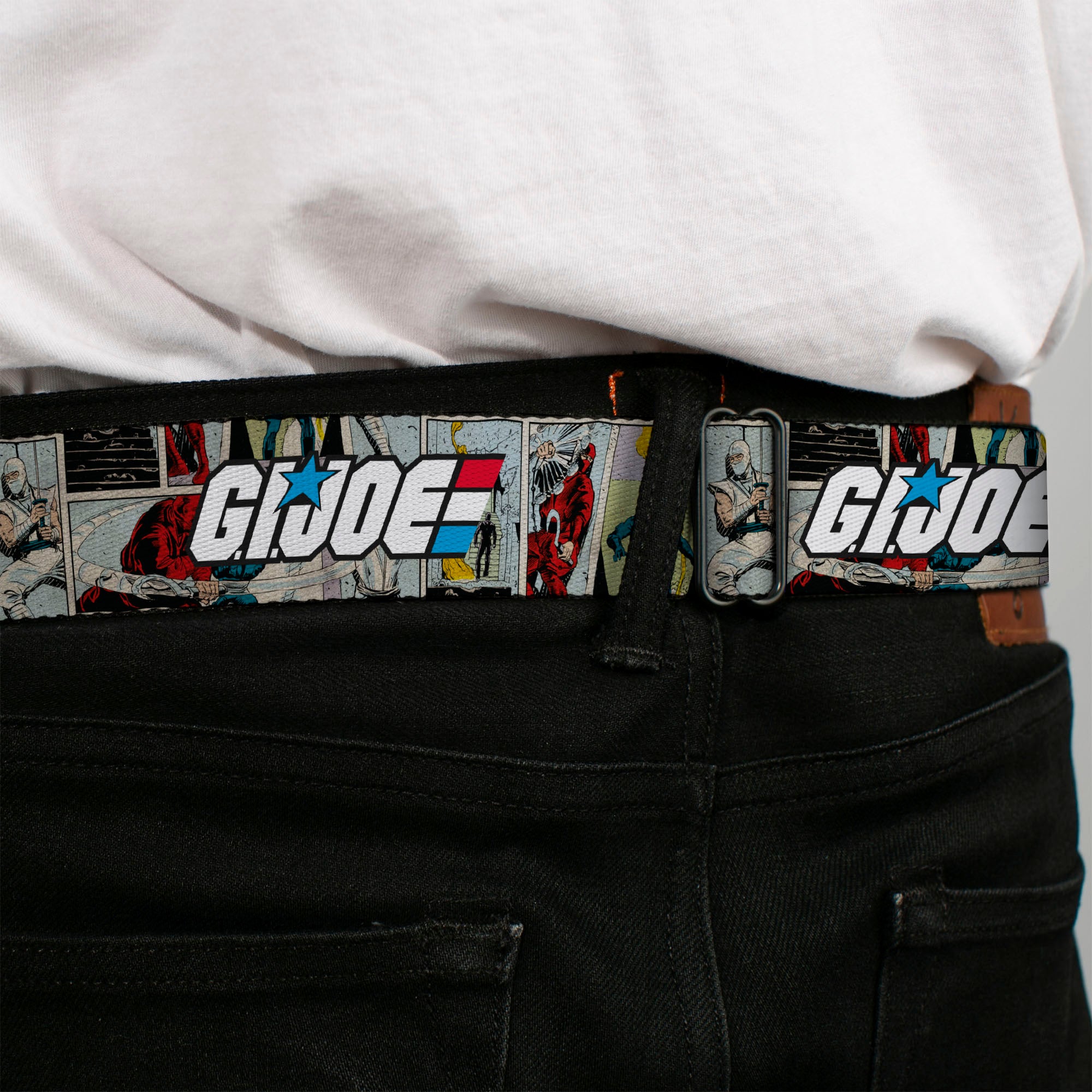 GI JOE Title Logo Stripe Full Color Black/Red/White/Blue Seatbelt Belt - GI JOE Title Logo and Comic Scene Blocks Webbing Seatbelt Belts Hasbro