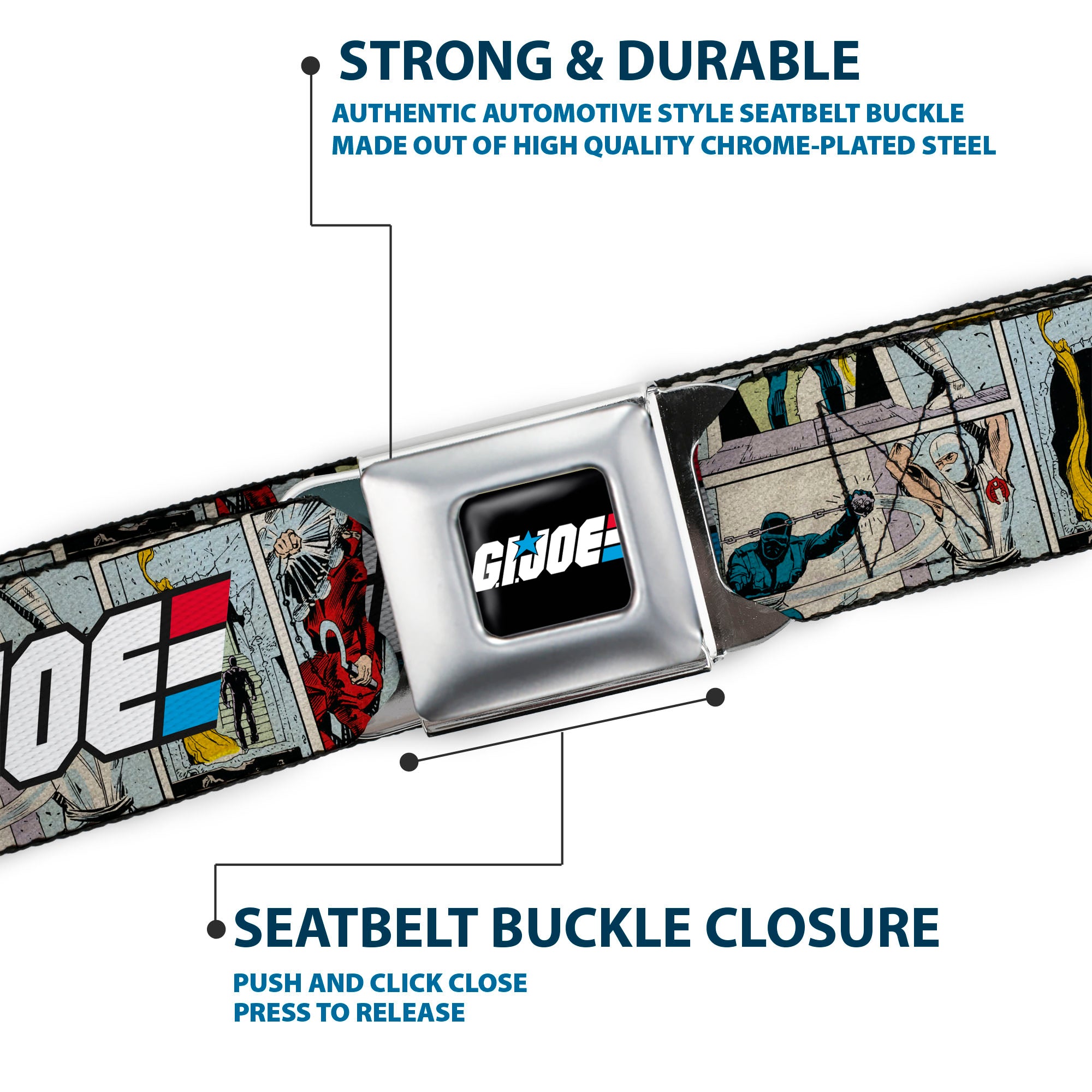 GI JOE Title Logo Stripe Full Color Black/Red/White/Blue Seatbelt Belt - GI JOE Title Logo and Comic Scene Blocks Webbing Seatbelt Belts Hasbro