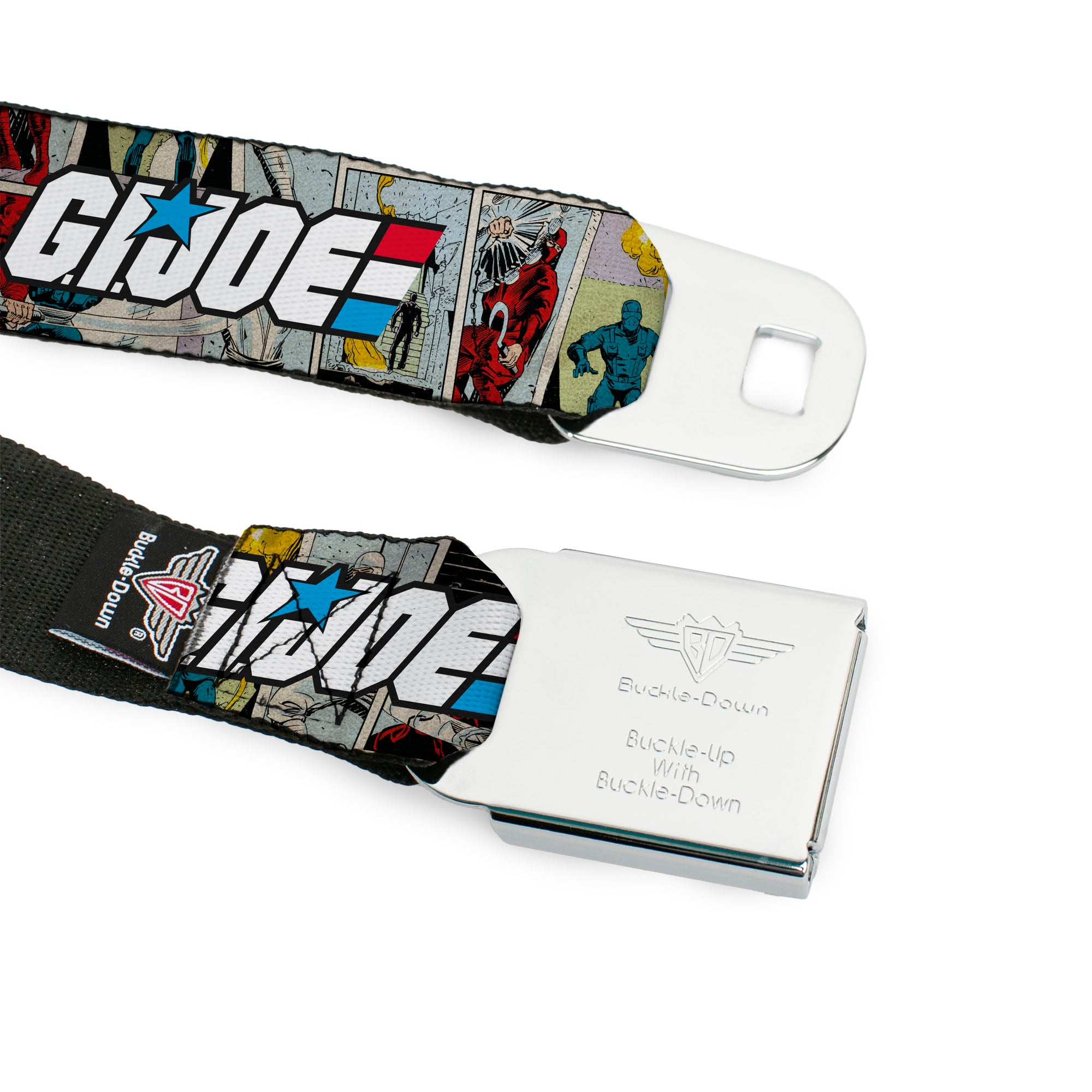 GI JOE Title Logo Stripe Full Color Black/Red/White/Blue Seatbelt Belt - GI JOE Title Logo and Comic Scene Blocks Webbing Seatbelt Belts Hasbro