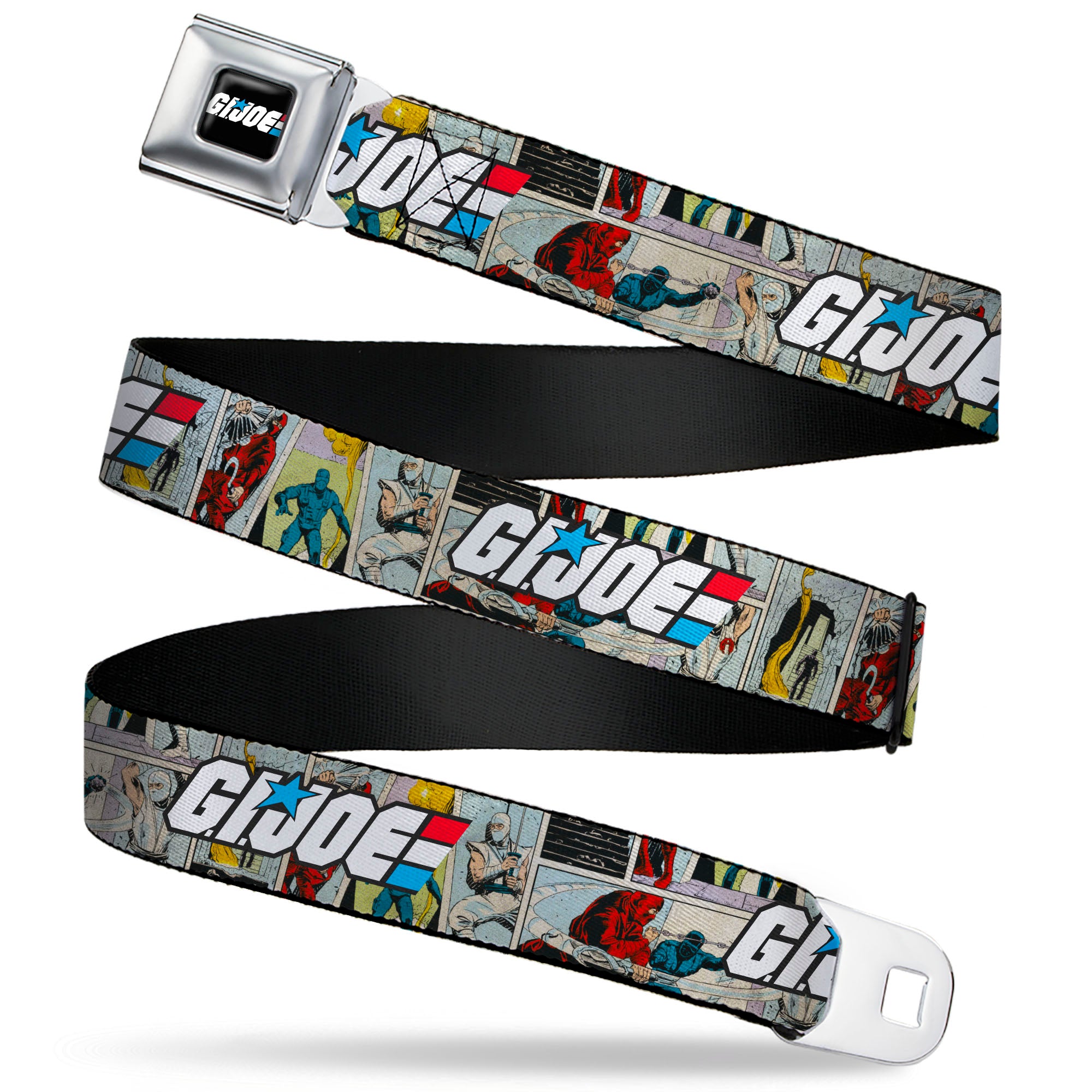 GI JOE Title Logo Stripe Full Color Black/Red/White/Blue Seatbelt Belt - GI JOE Title Logo and Comic Scene Blocks Webbing Seatbelt Belts Hasbro