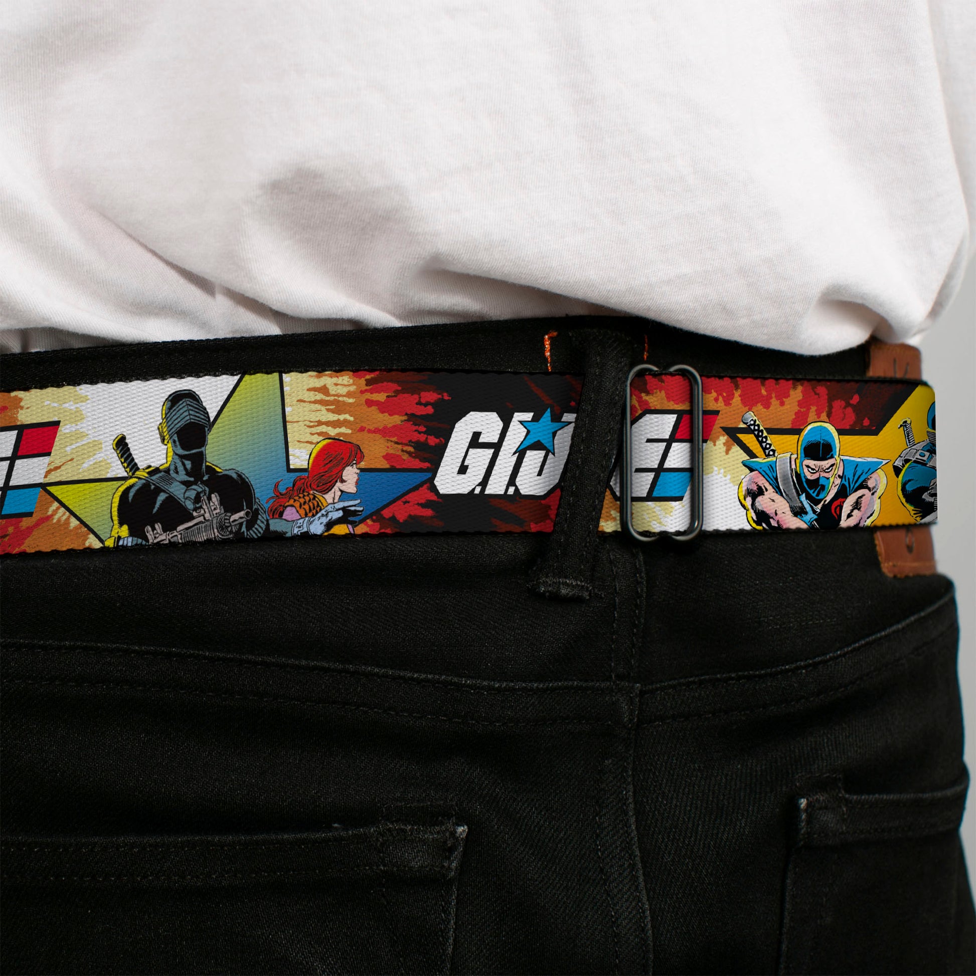 GI JOE Title Logo Stripe Full Color Black/Red/White/Blue Seatbelt Belt - GI JOE Storm Shadow Snake Eyes and Scarlett Comic Cover Poses Explosion Webbing Seatbelt Belts Hasbro