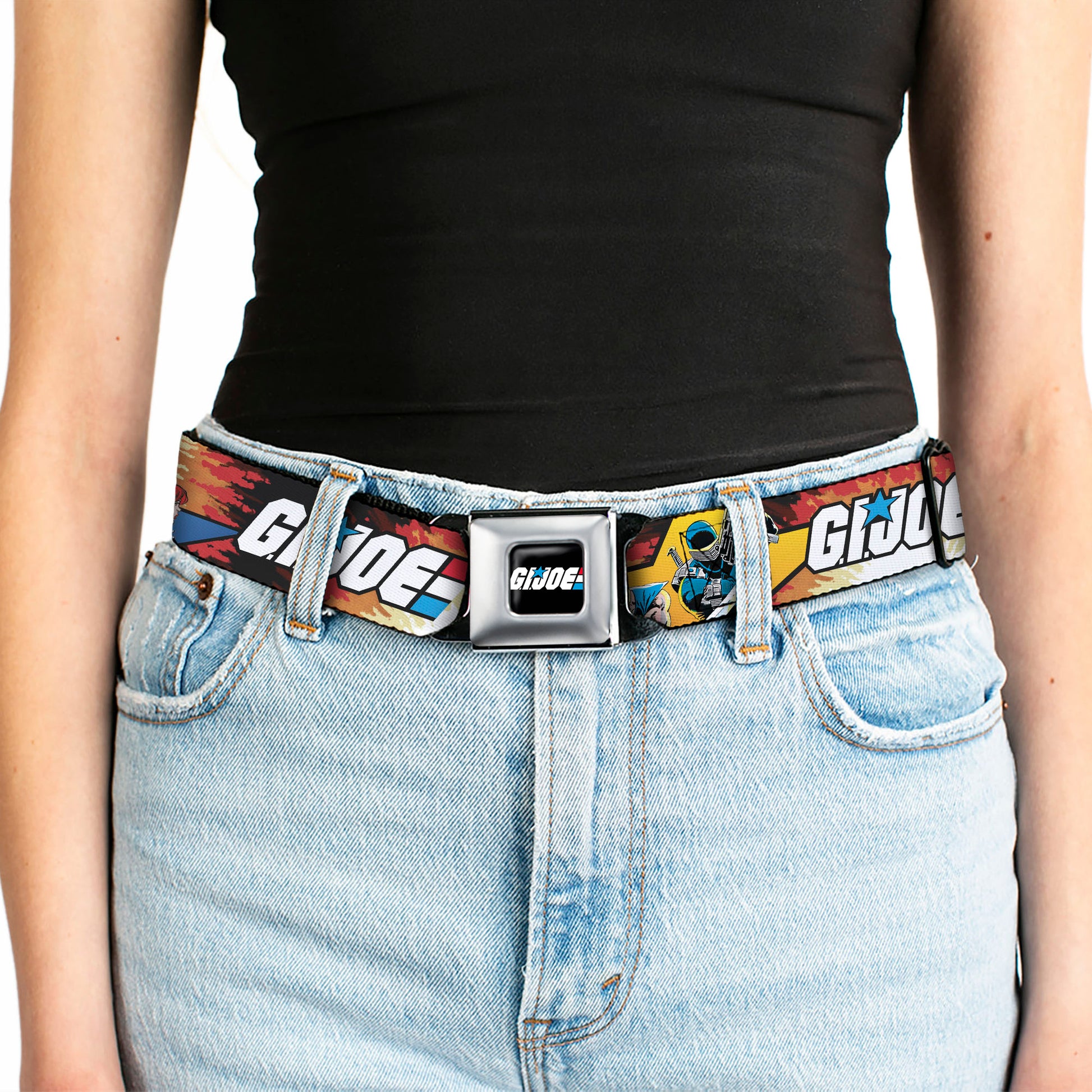 GI JOE Title Logo Stripe Full Color Black/Red/White/Blue Seatbelt Belt - GI JOE Storm Shadow Snake Eyes and Scarlett Comic Cover Poses Explosion Webbing Seatbelt Belts Hasbro