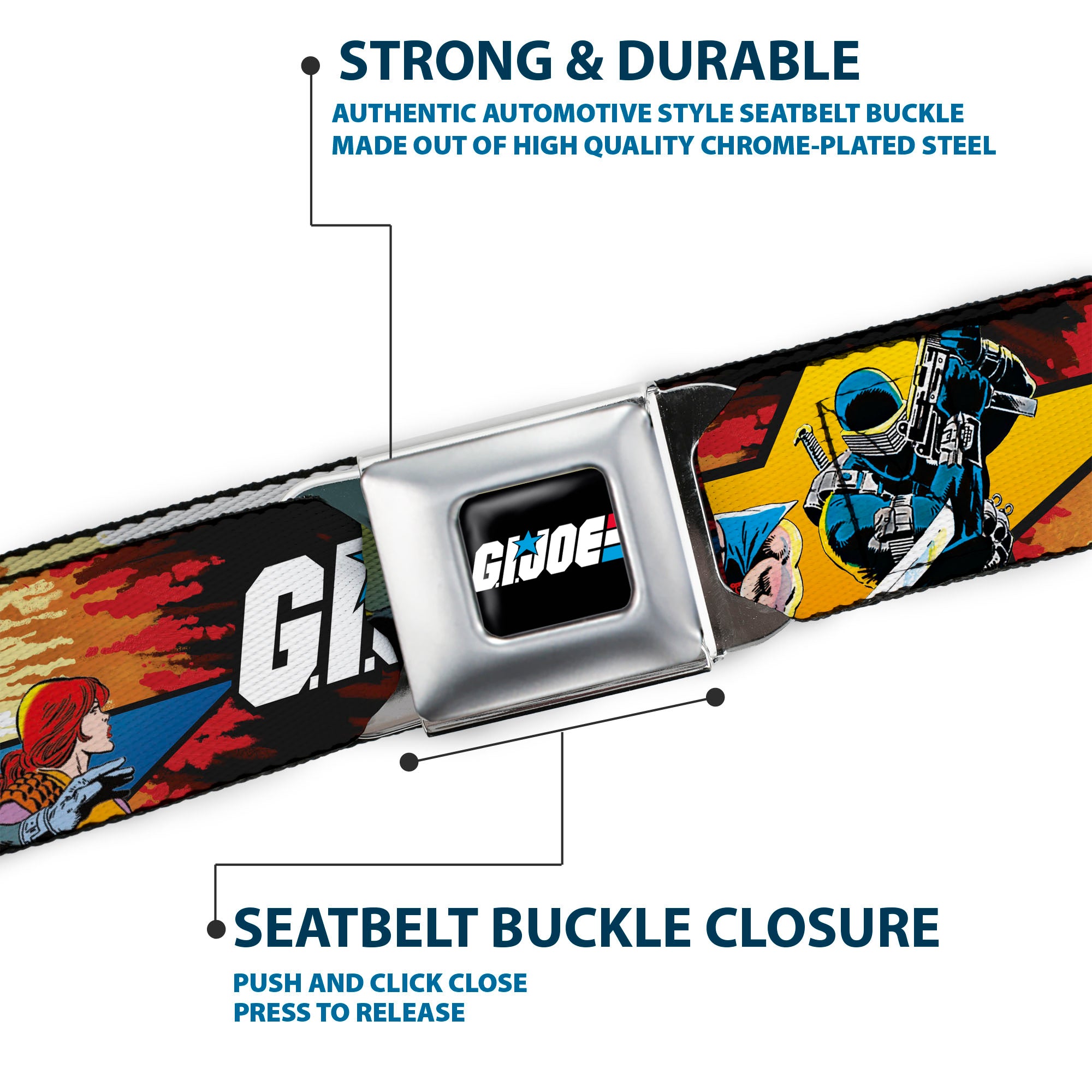 GI JOE Title Logo Stripe Full Color Black/Red/White/Blue Seatbelt Belt - GI JOE Storm Shadow Snake Eyes and Scarlett Comic Cover Poses Explosion Webbing Seatbelt Belts Hasbro