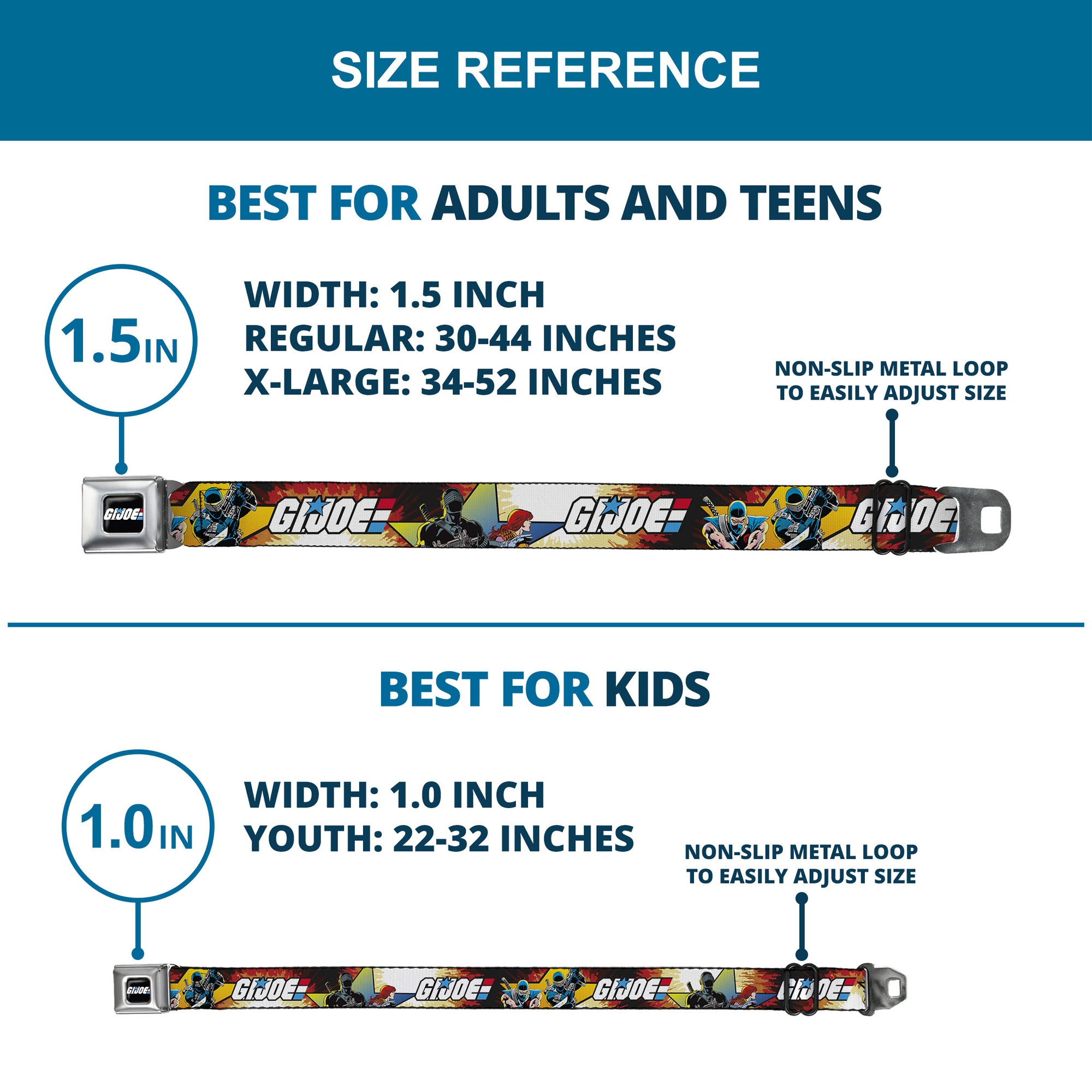 GI JOE Title Logo Stripe Full Color Black/Red/White/Blue Seatbelt Belt - GI JOE Storm Shadow Snake Eyes and Scarlett Comic Cover Poses Explosion Webbing Seatbelt Belts Hasbro