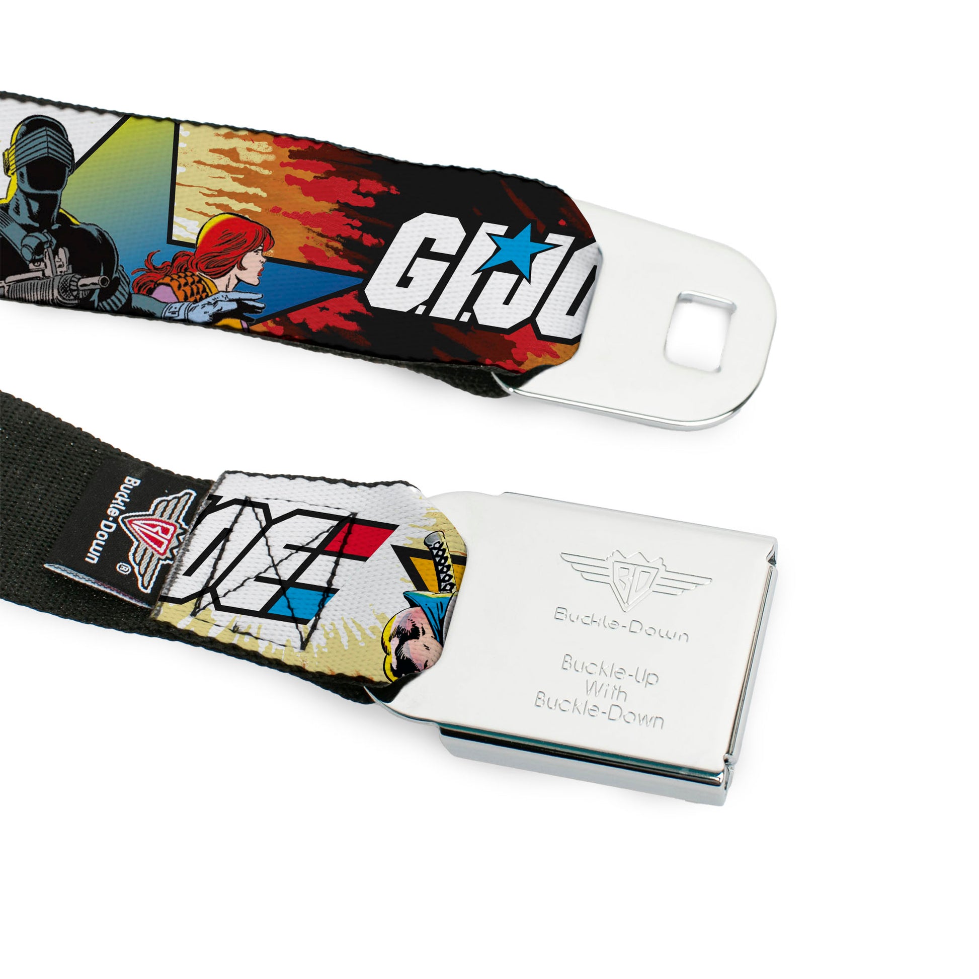 GI JOE Title Logo Stripe Full Color Black/Red/White/Blue Seatbelt Belt - GI JOE Storm Shadow Snake Eyes and Scarlett Comic Cover Poses Explosion Webbing Seatbelt Belts Hasbro