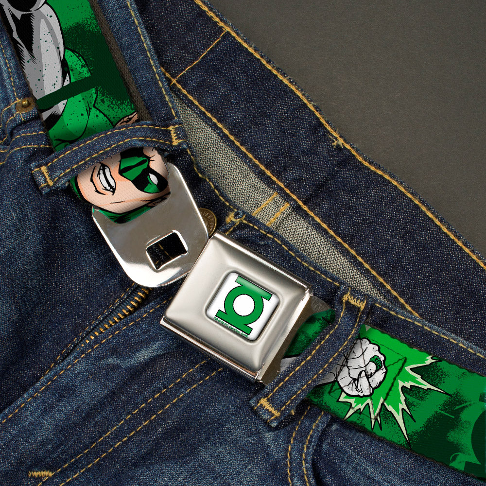 Green Lantern Logo CLOSE-UP White Green Seatbelt Belt - Green Lantern Green Glow w/Text Webbing Seatbelt Belts DC Comics